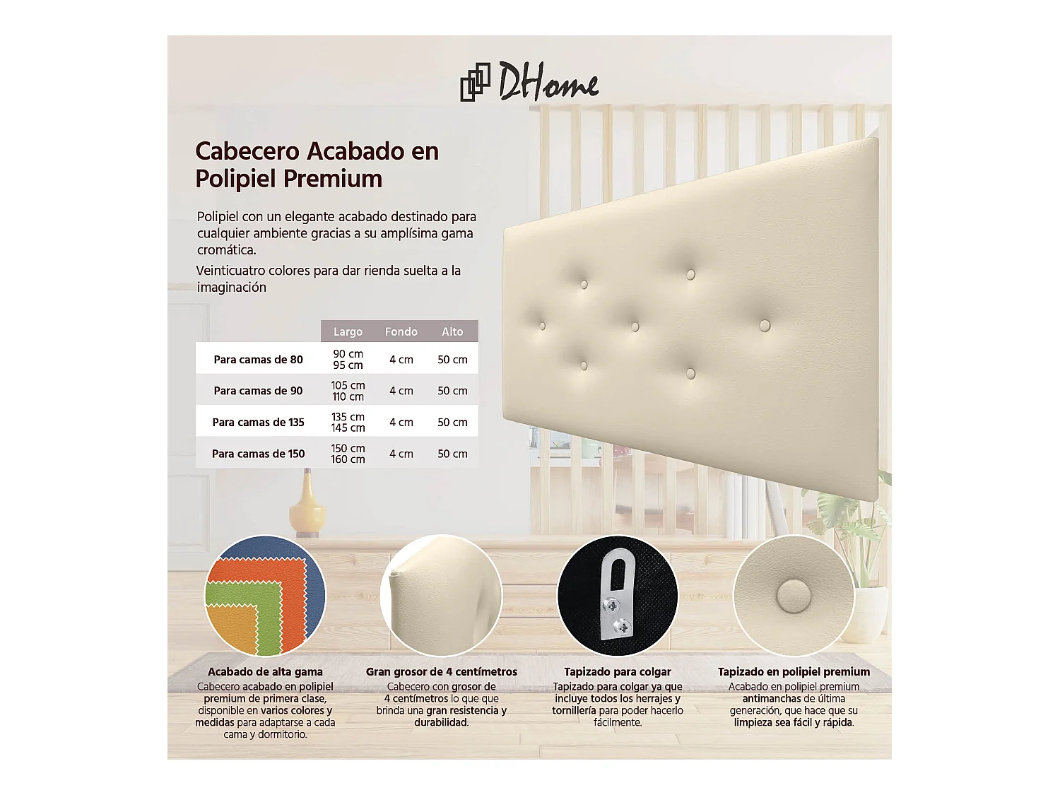 DHOME Tête de Lit en Similicuir avec 3 Rangées de Boutons Entrelacées Tête de Lit Rembourrée de Luxe (Vanille, 110cm)