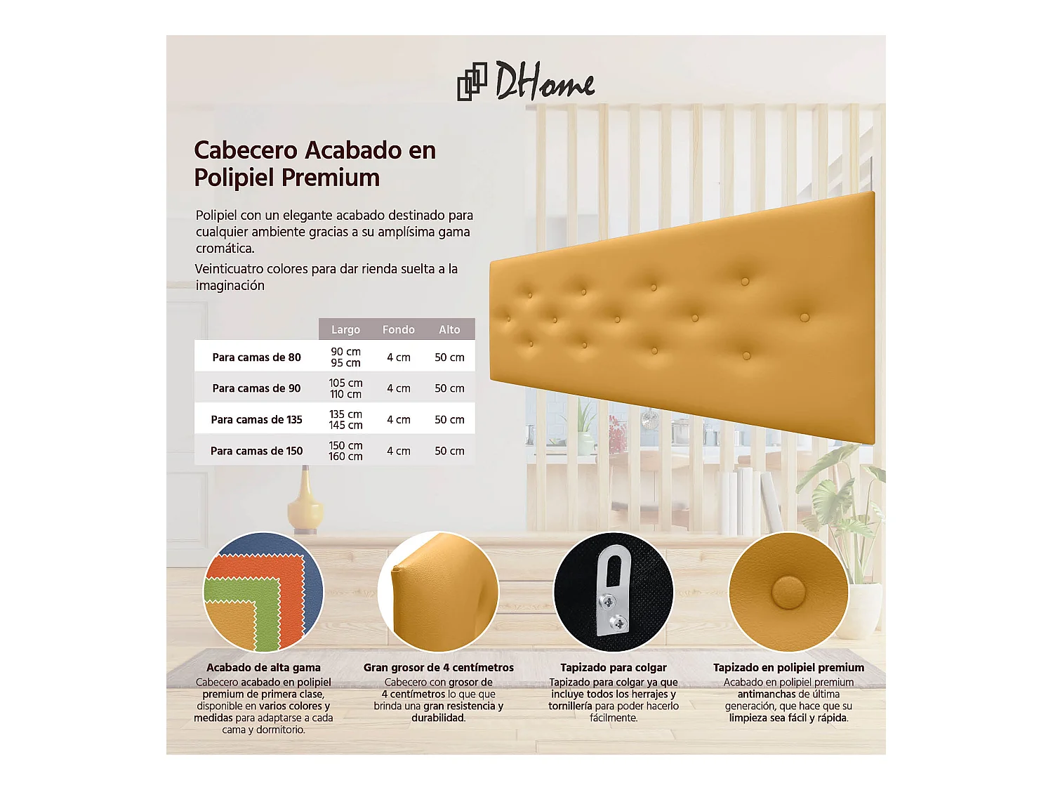 DHOME Tête de Lit en Similicuir avec 3 Rangées de Boutons Entrelacées Tête de Lit Rembourrée de Luxe (Moutarde, 145cm)