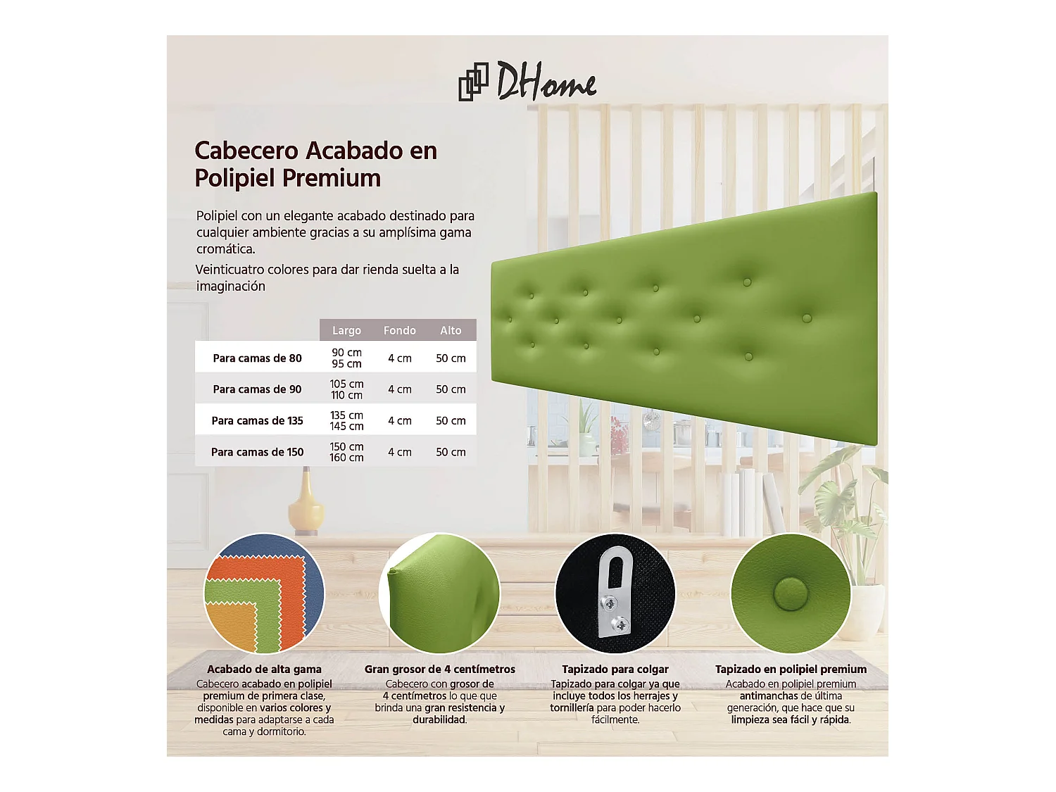 DHOME Tête de Lit en Similicuir avec 3 Rangées de Boutons Entrelacées Tête de Lit Rembourrée de Luxe (Vert, 145cm)