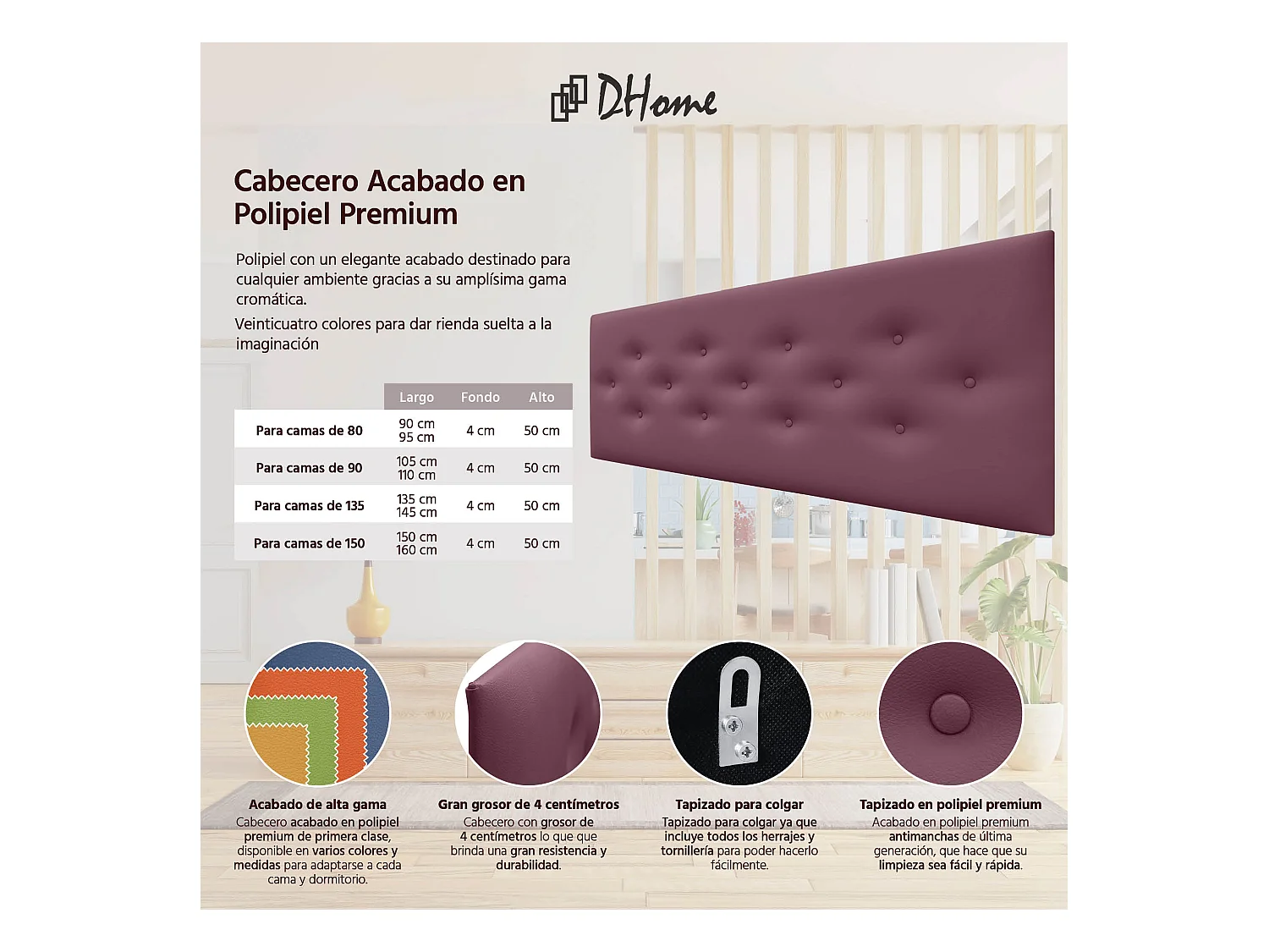 DHOME Tête de Lit en Similicuir avec 3 Rangées de Boutons Entrelacées Tête de Lit Rembourrée de Luxe (Bordeaux, 135cm)