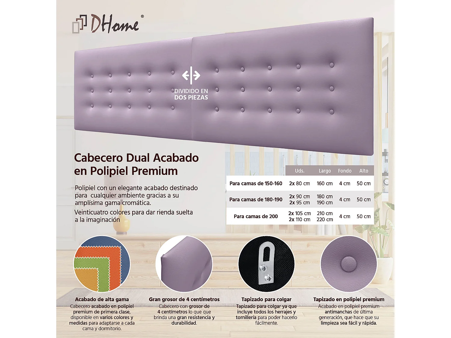 DHOME Kopfteil de Kunstleder mit 3 Knopfreihen gepolstertes luxuriöses Bettkopfteil (Lila, 180cm (2 piezas))