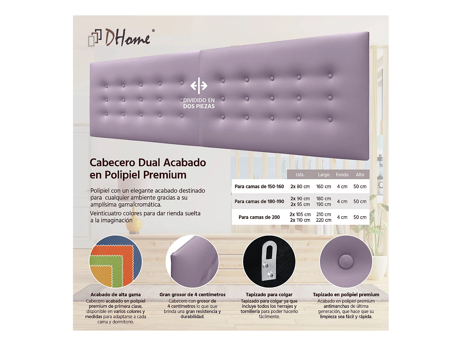 DHOME Kopfteil de Kunstleder mit 3 Knopfreihen gepolstertes luxuriöses Bettkopfteil (Lila, 190cm (2 piezas))