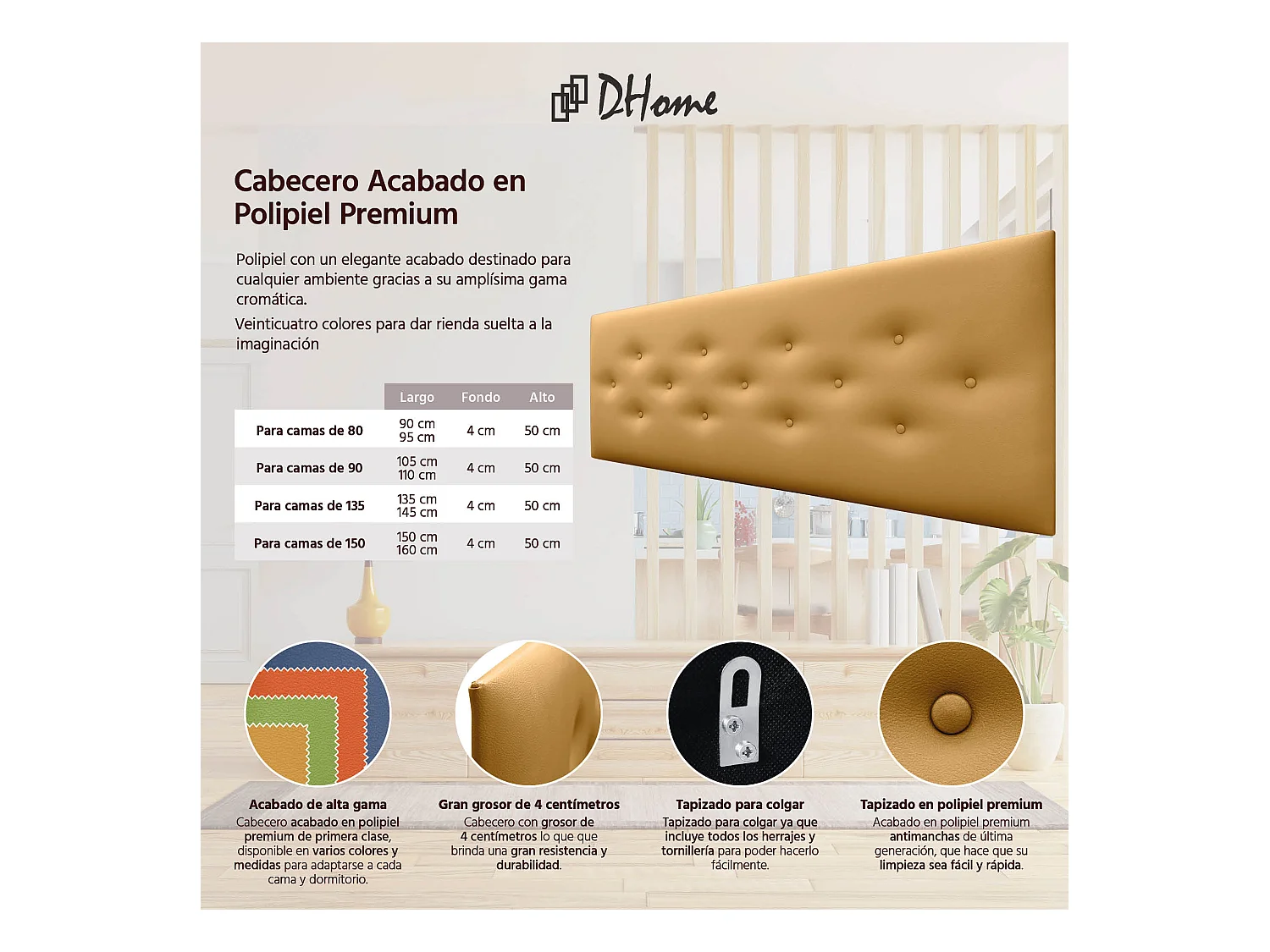 DHOME Tête de Lit en Similicuir avec 3 Rangées de Boutons Entrelacées Tête de Lit Rembourrée de Luxe (Doré, 135cm)