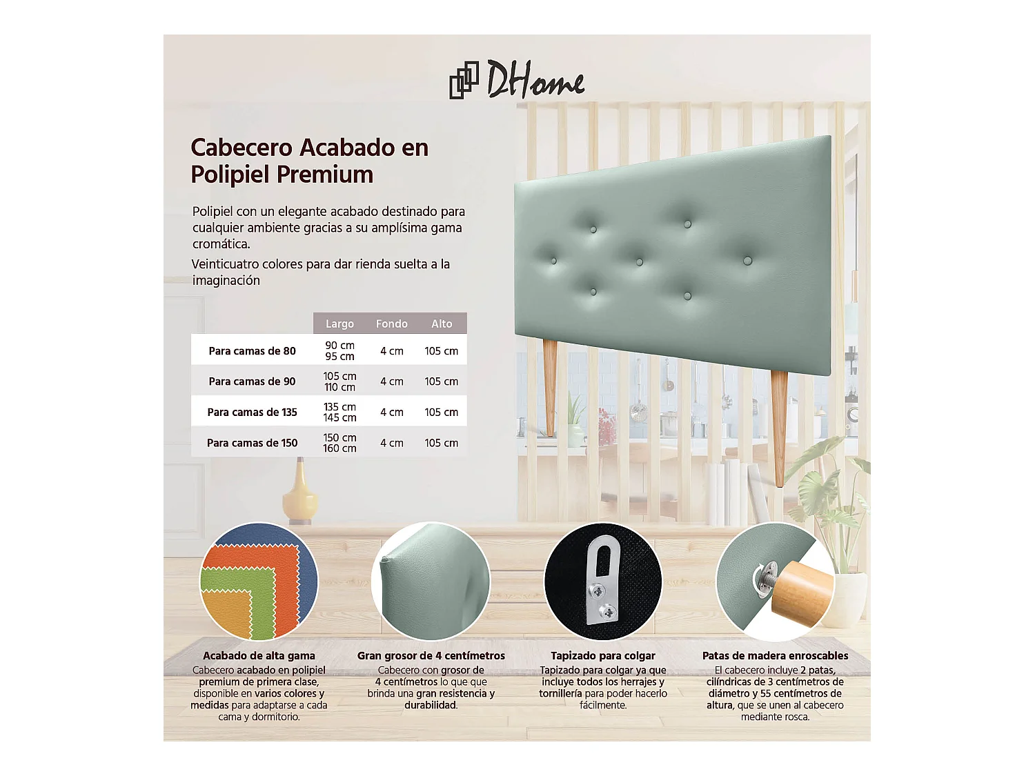 DHOME Tête de lit en simili cuir avec 3 rangées de boutons entrelacés Tête de lit rembourrée pour lit de luxe (Vert, 95cm)