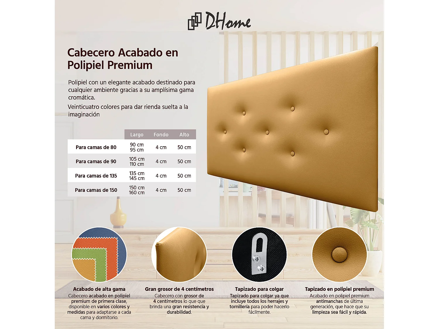 DHOME Tête de Lit en Similicuir avec 3 Rangées de Boutons Entrelacées Tête de Lit Rembourrée de Luxe (Doré, 90cm)