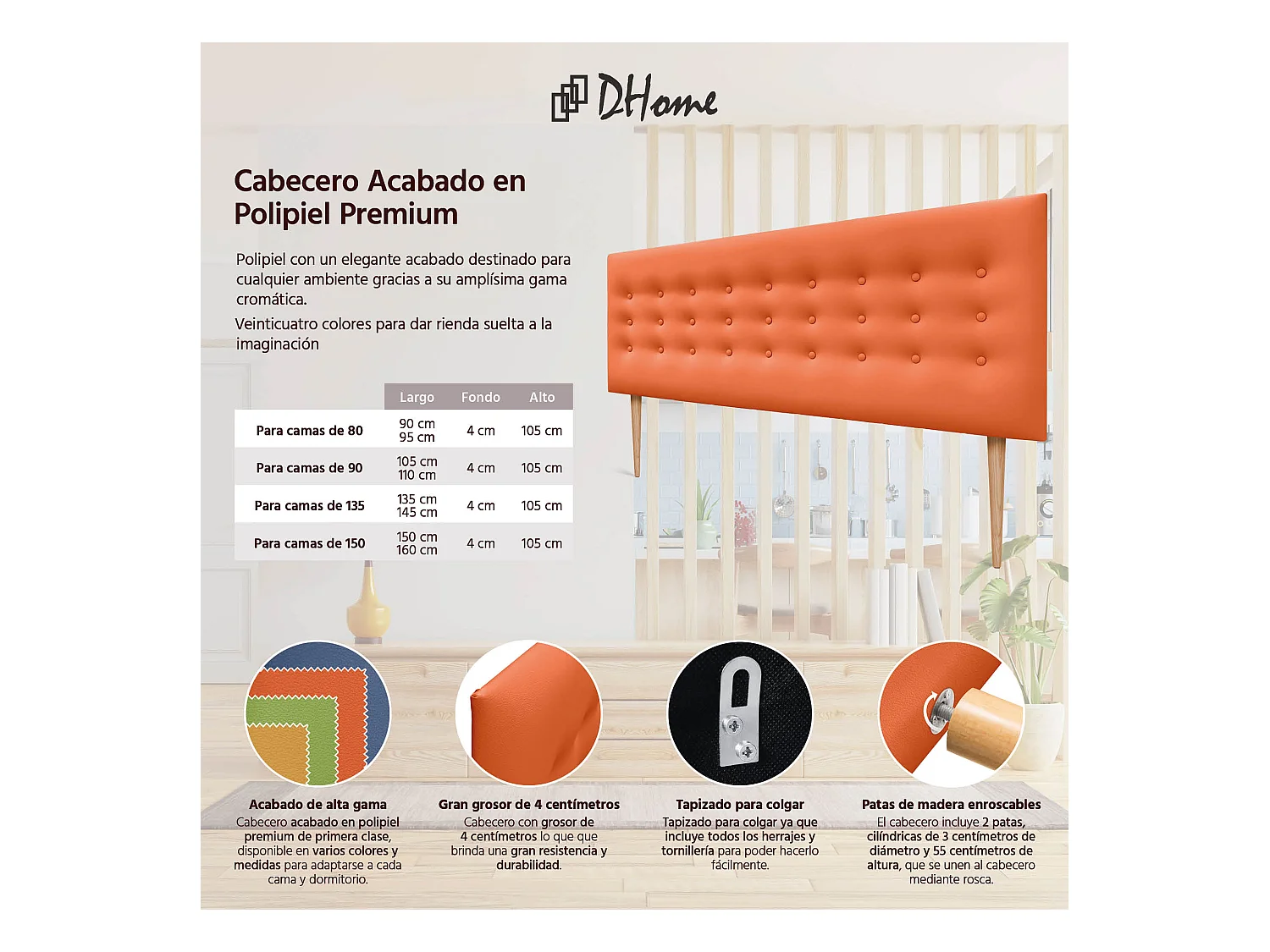 DHOME Testiera in ecopelle con 3 file di bottoni Testiera imbottita per letto di lusso (Arancione, 150cm)