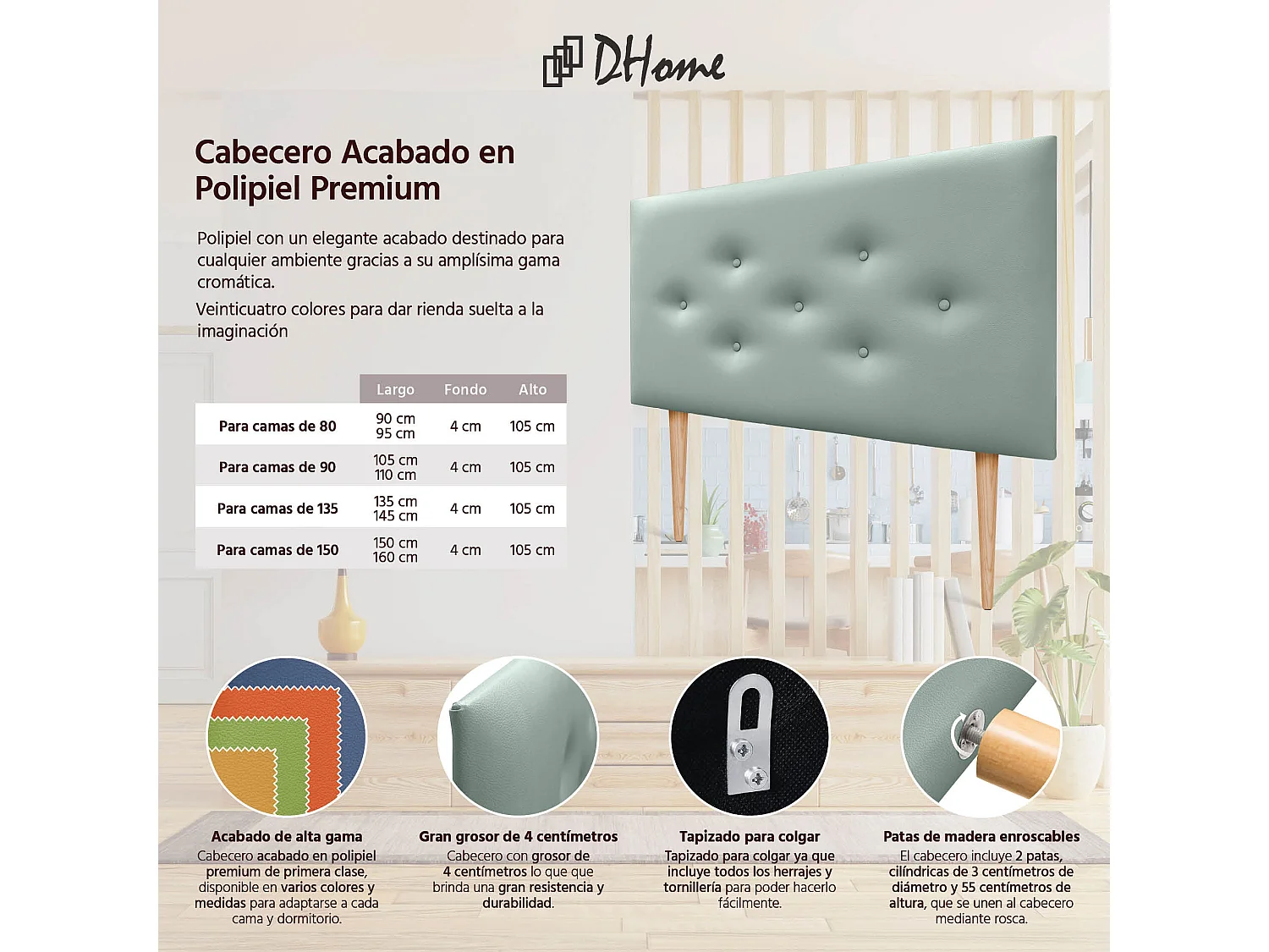 DHOME Tête de lit en simili cuir avec 3 rangées de boutons entrelacés Tête de lit rembourrée pour lit de luxe (Vert, 90cm)