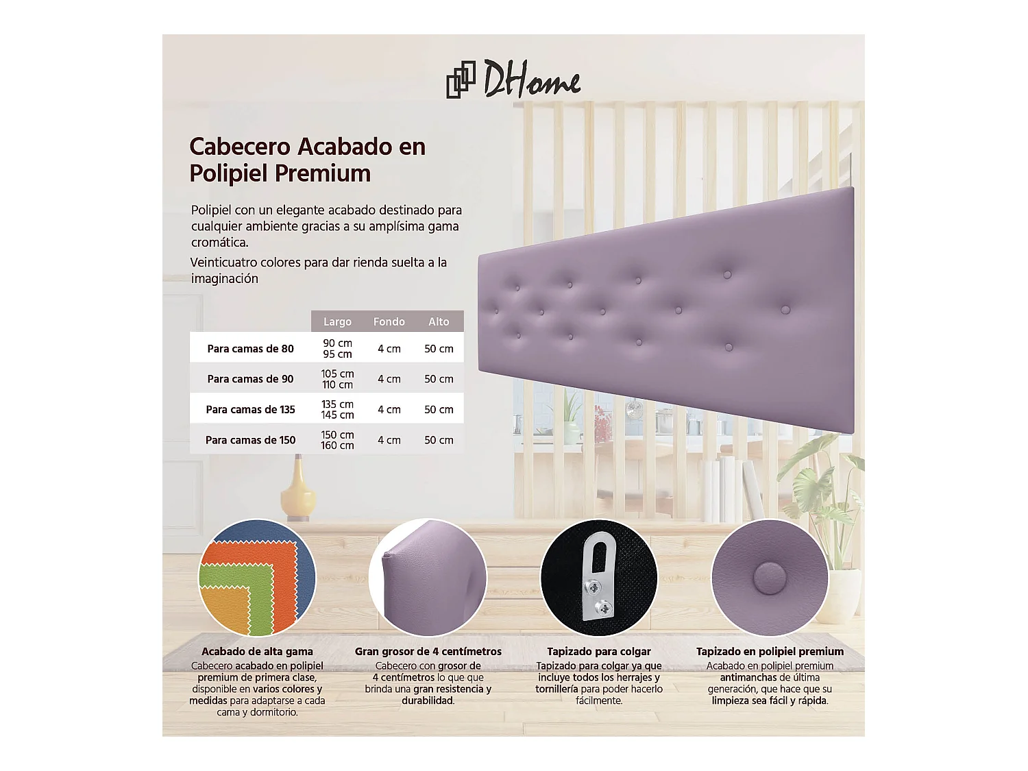 DHOME Tête de Lit en Similicuir avec 3 Rangées de Boutons Entrelacées Tête de Lit Rembourrée de Luxe (Lilas, 135cm)