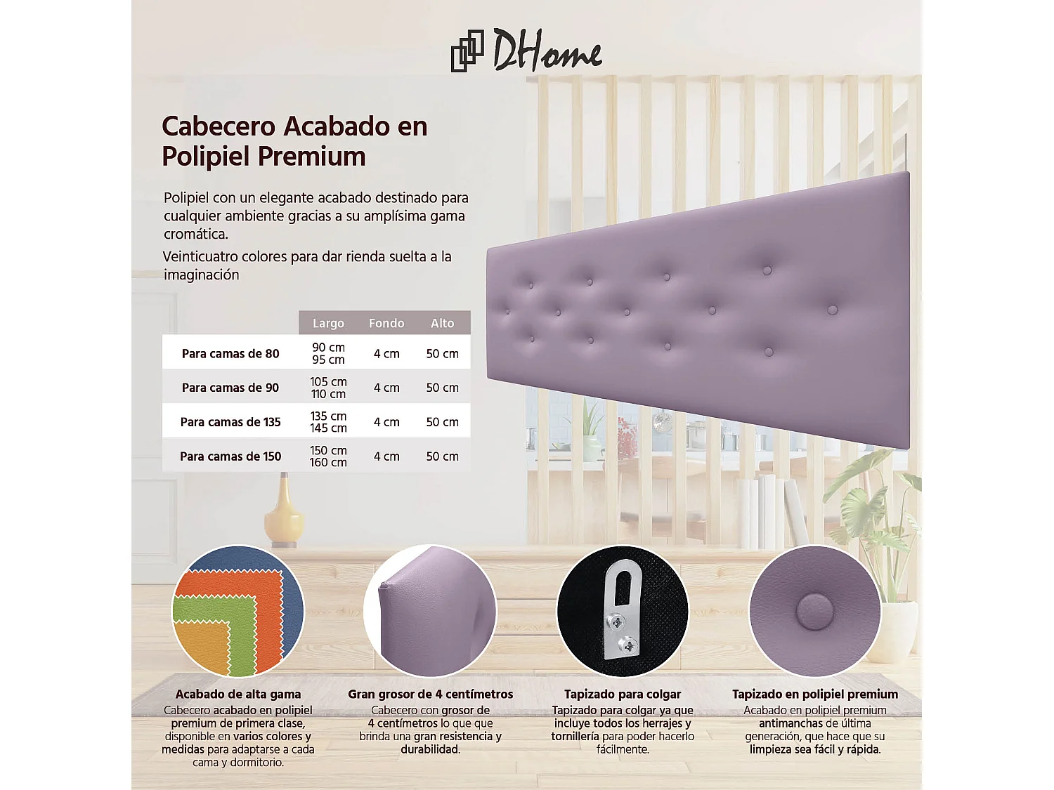 DHOME Tête de Lit en Similicuir avec 3 Rangées de Boutons Entrelacées Tête de Lit Rembourrée de Luxe (Lilas, 135cm)