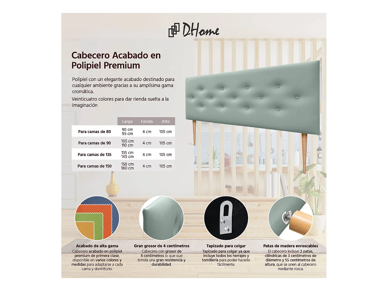 DHOME Tête de lit en simili cuir avec 3 rangées de boutons entrelacés Tête de lit rembourrée pour lit de luxe (Vert, 150cm)