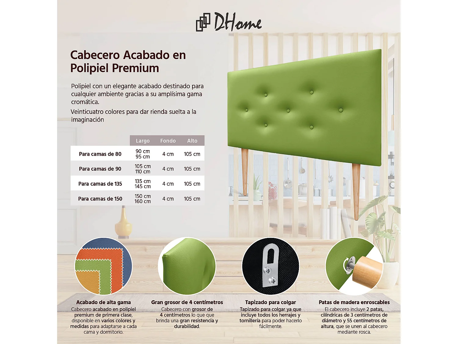 DHOME Tête de lit en simili cuir avec 3 rangées de boutons entrelacés Tête de lit rembourrée pour lit de luxe (Vert, 90cm)