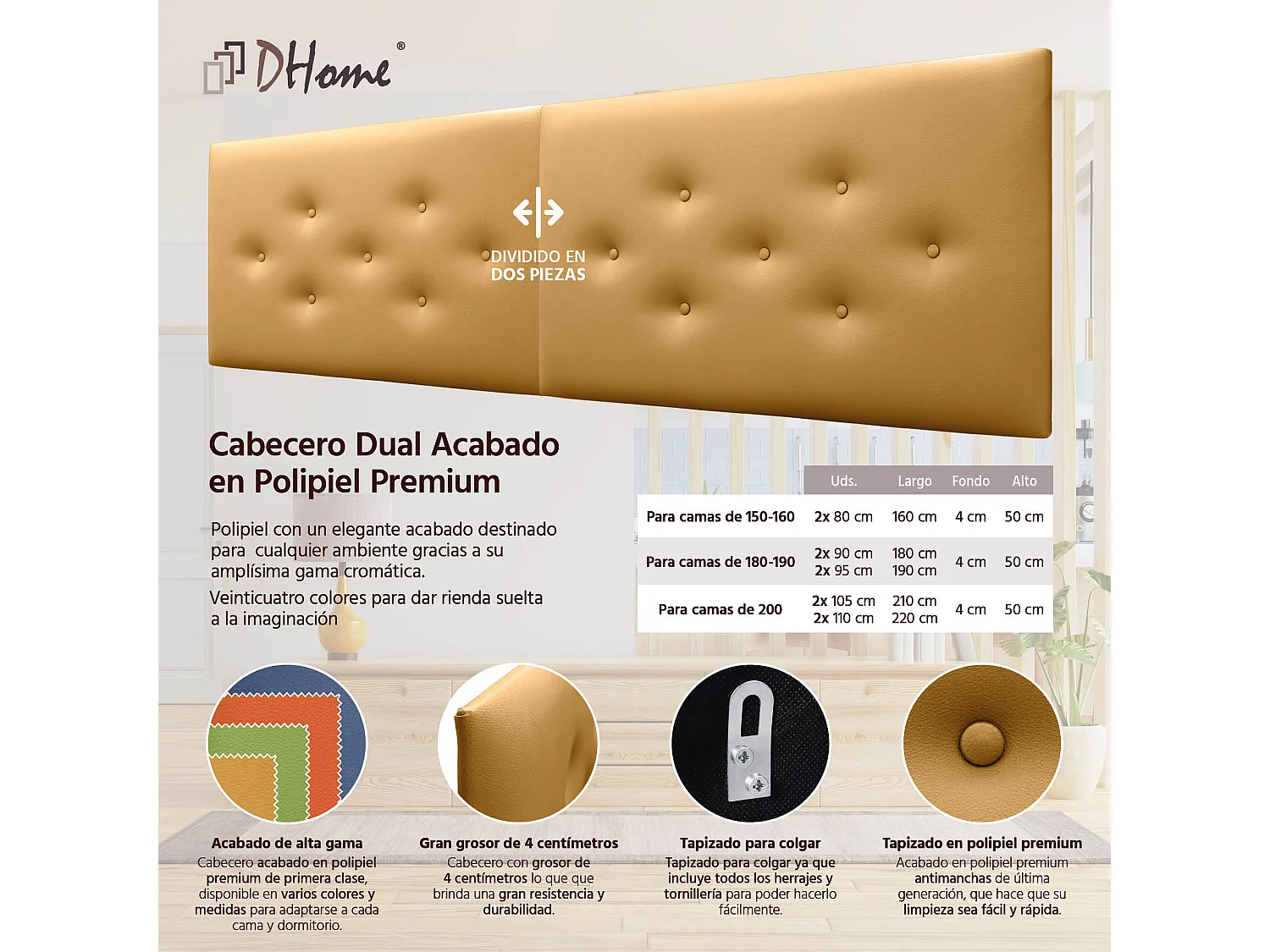 DHOME Tête de Lit en Similicuir avec 3 Rangées de Boutons Entrelacées Tête de Lit Rembourrée de Luxe (Doré, 210cm (2 pièces))