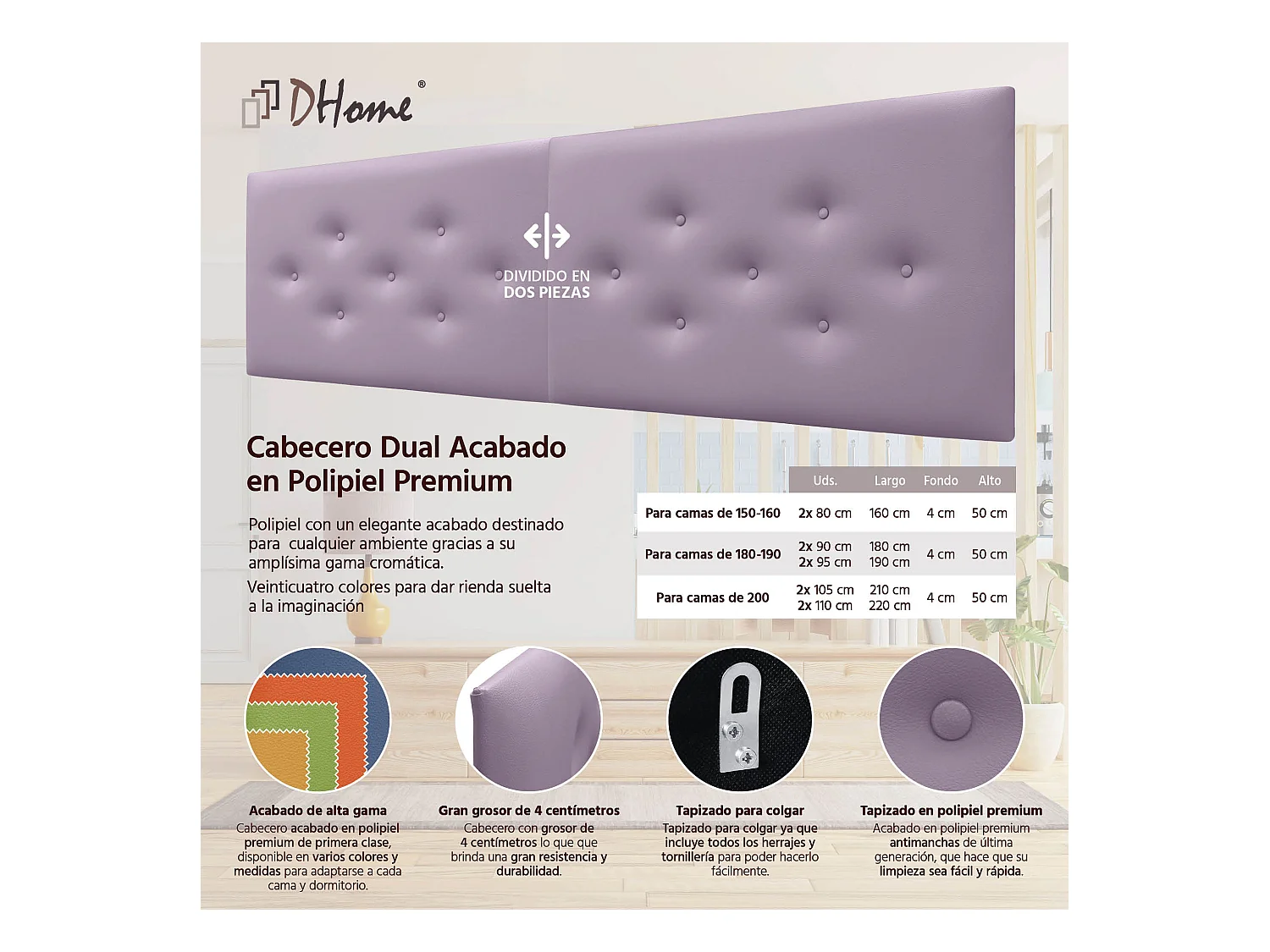 DHOME Tête de Lit en Similicuir avec 3 Rangées de Boutons Entrelacées Tête de Lit Rembourrée de Luxe (Lilas, 210cm (2 pièces))