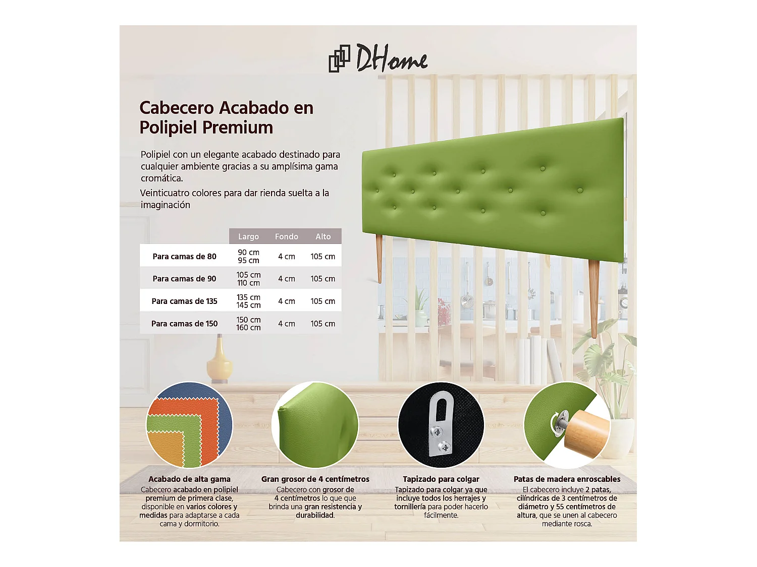 DHOME Testiera in ecopelle con 3 file di bottoni intrecciati Testiera imbottita per letto di lusso (Verde, 135cm)