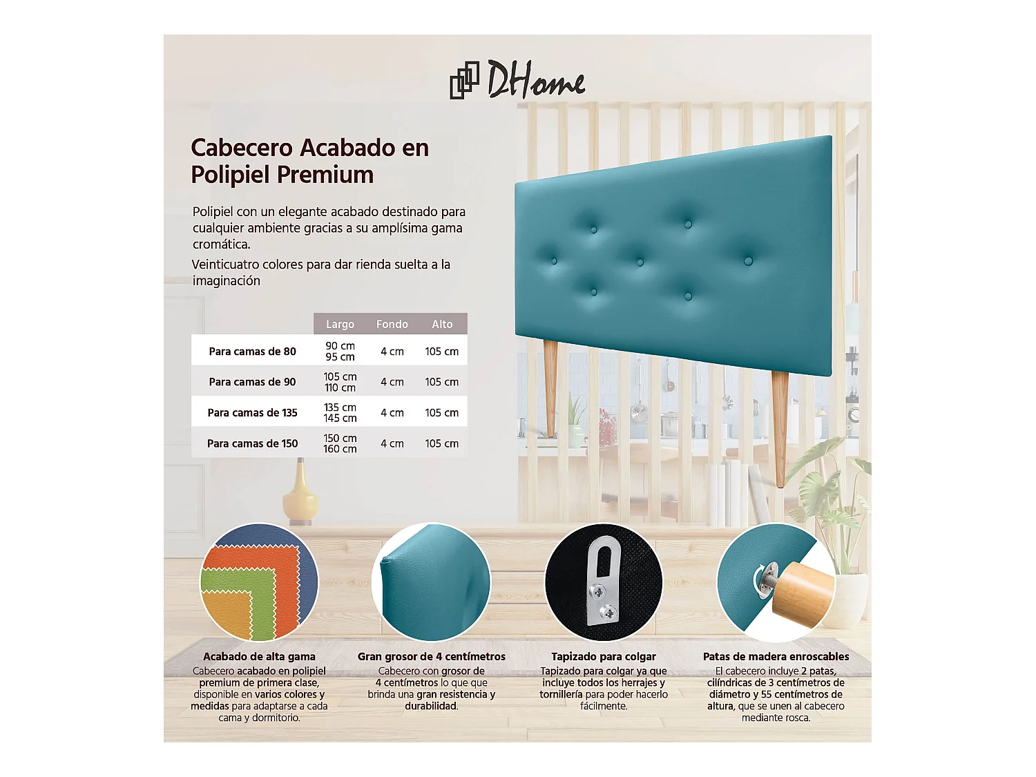 DHOME Tête de lit en simili cuir avec 3 rangées de boutons entrelacés Tête de lit rembourrée pour lit de luxe (Turquoise, 105cm)