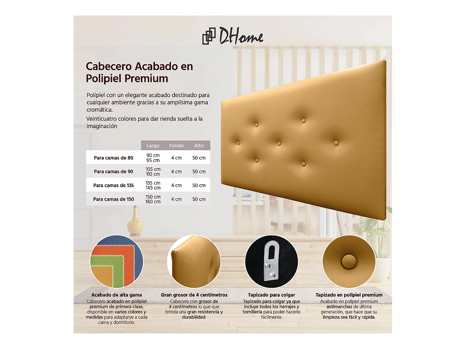 DHOME Tête de Lit en Similicuir avec 3 Rangées de Boutons Entrelacées Tête de Lit Rembourrée de Luxe (Doré, 110cm)