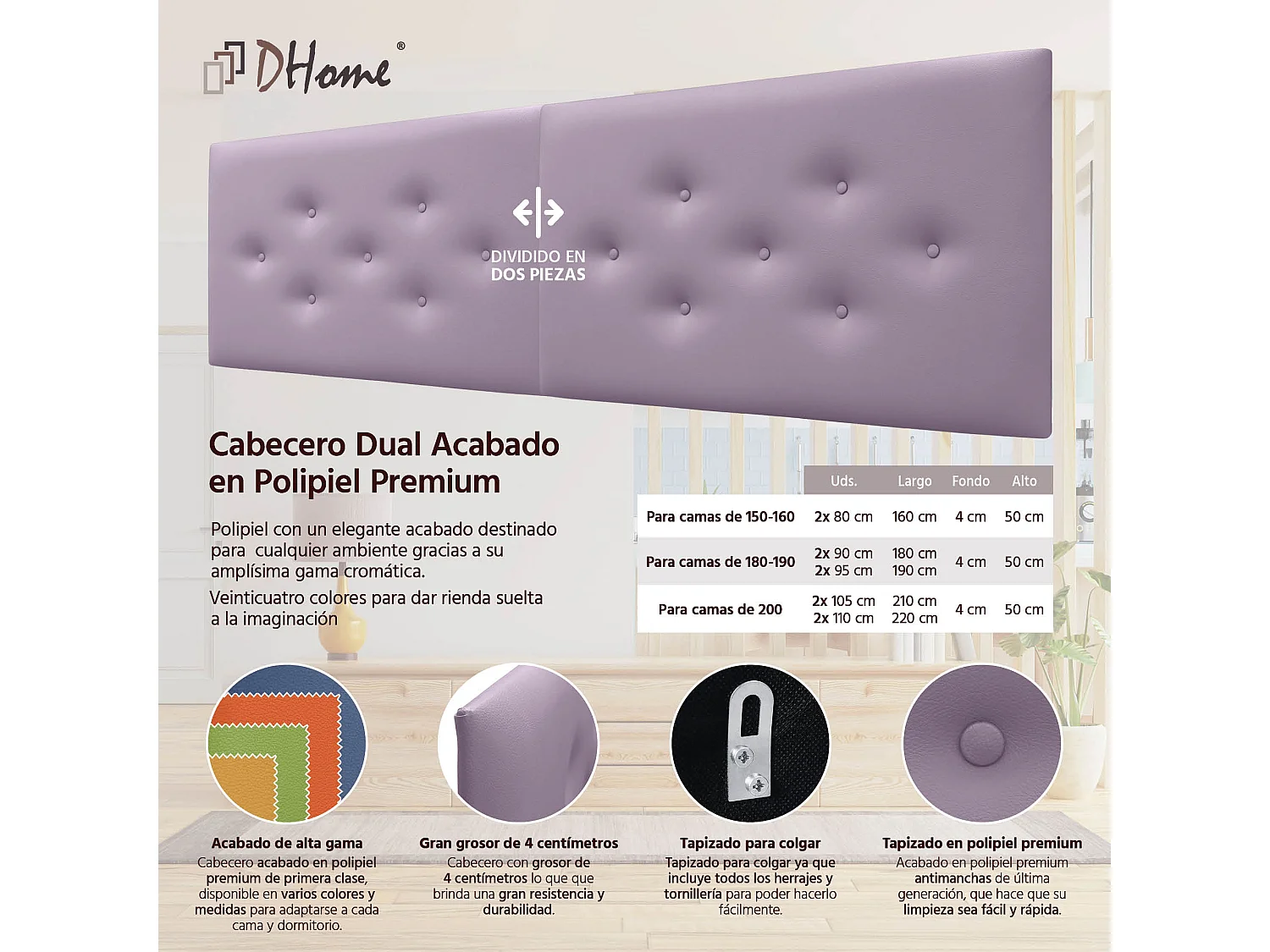 DHOME Tête de Lit en Similicuir avec 3 Rangées de Boutons Entrelacées Tête de Lit Rembourrée de Luxe (Lilas, 180cm (2 pièces))