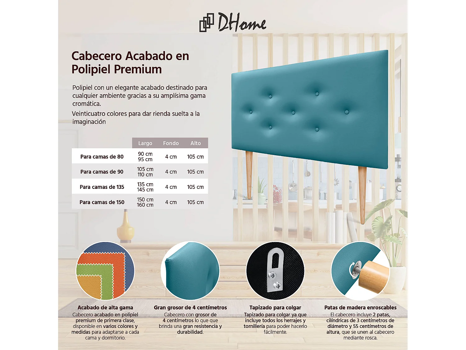 DHOME Cabecero de Polipiel con 3 Hileras Intercaladas de Botones y Patas Cabezal Tapizado Cama Lujo (Turquesa, 95cm)