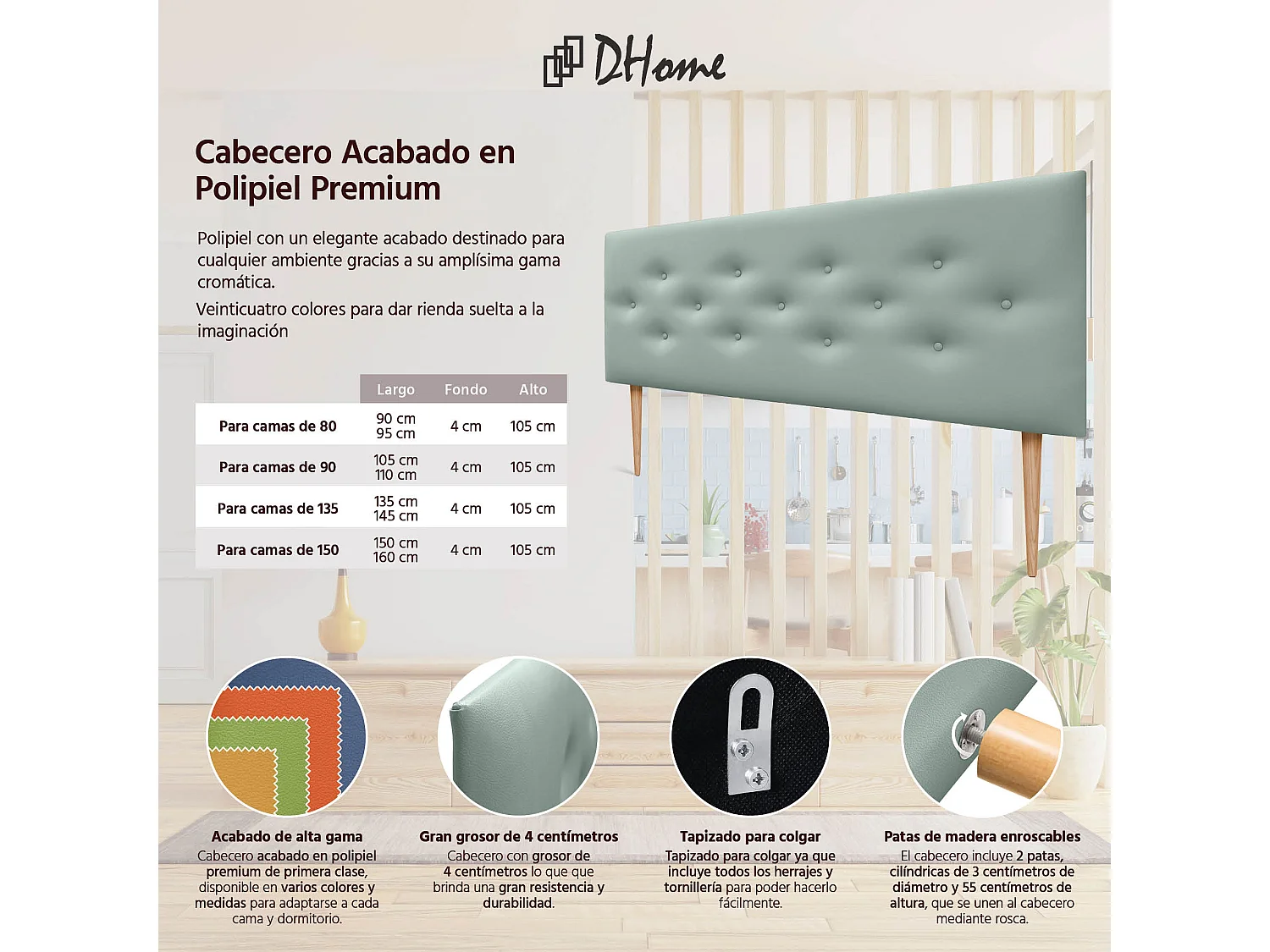 DHOME Tête de lit en simili cuir avec 3 rangées de boutons entrelacés Tête de lit rembourrée pour lit de luxe (Vert, 145cm)