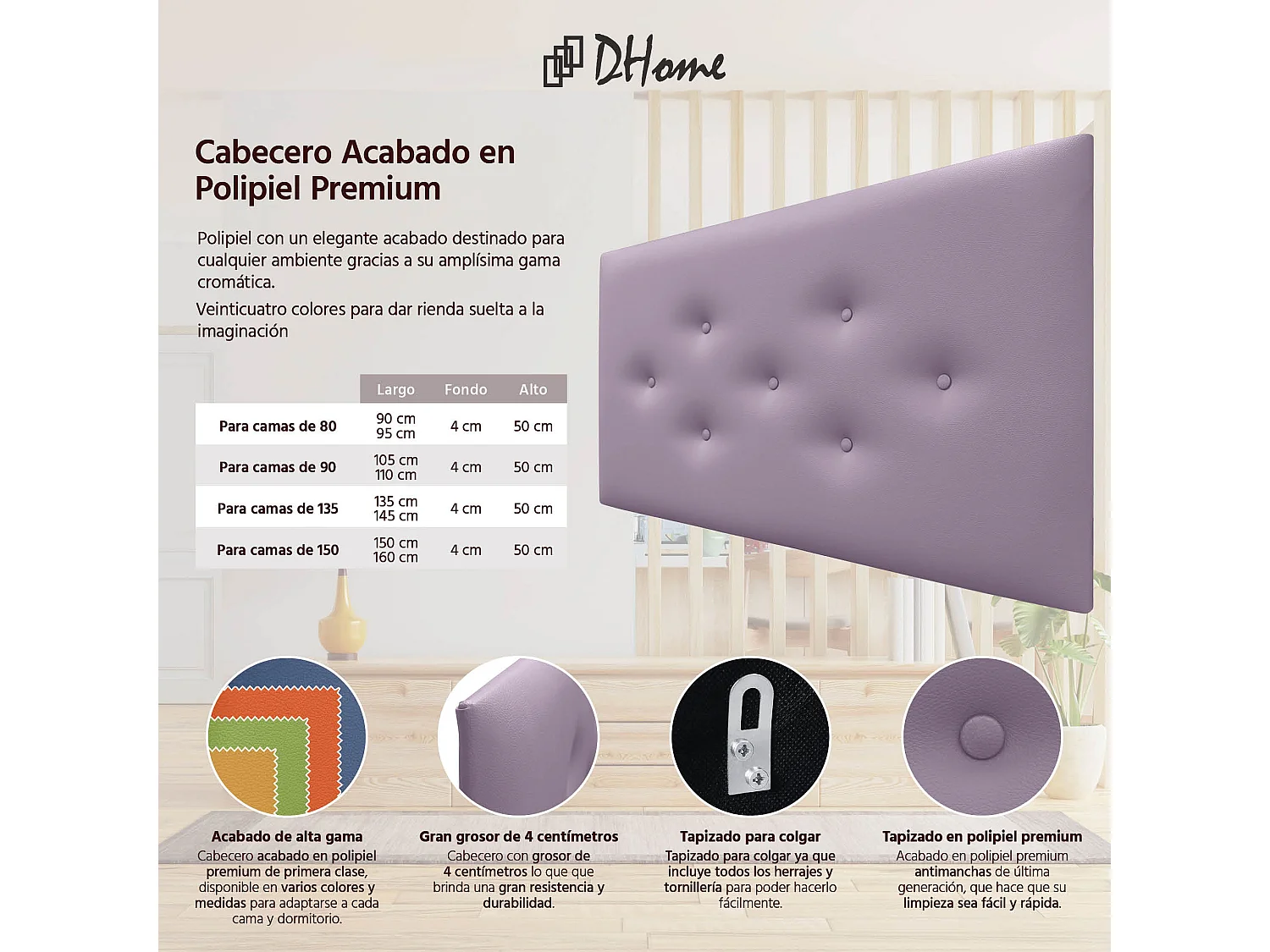 DHOME Tête de Lit en Similicuir avec 3 Rangées de Boutons Entrelacées Tête de Lit Rembourrée de Luxe (Lilas, 90cm)
