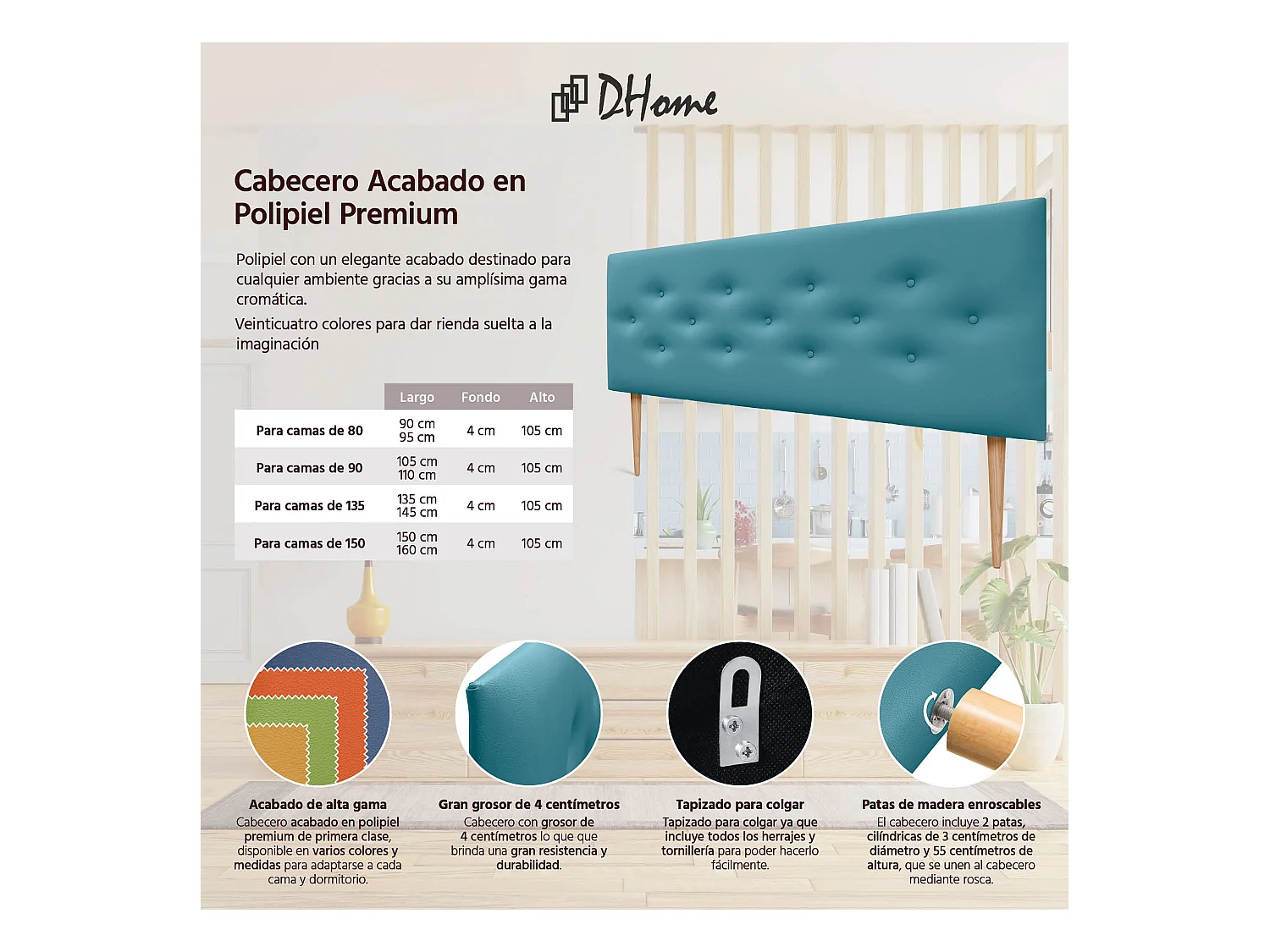 DHOME Tête de lit en simili cuir avec 3 rangées de boutons entrelacés Tête de lit rembourrée pour lit de luxe (Turquoise, 150cm)