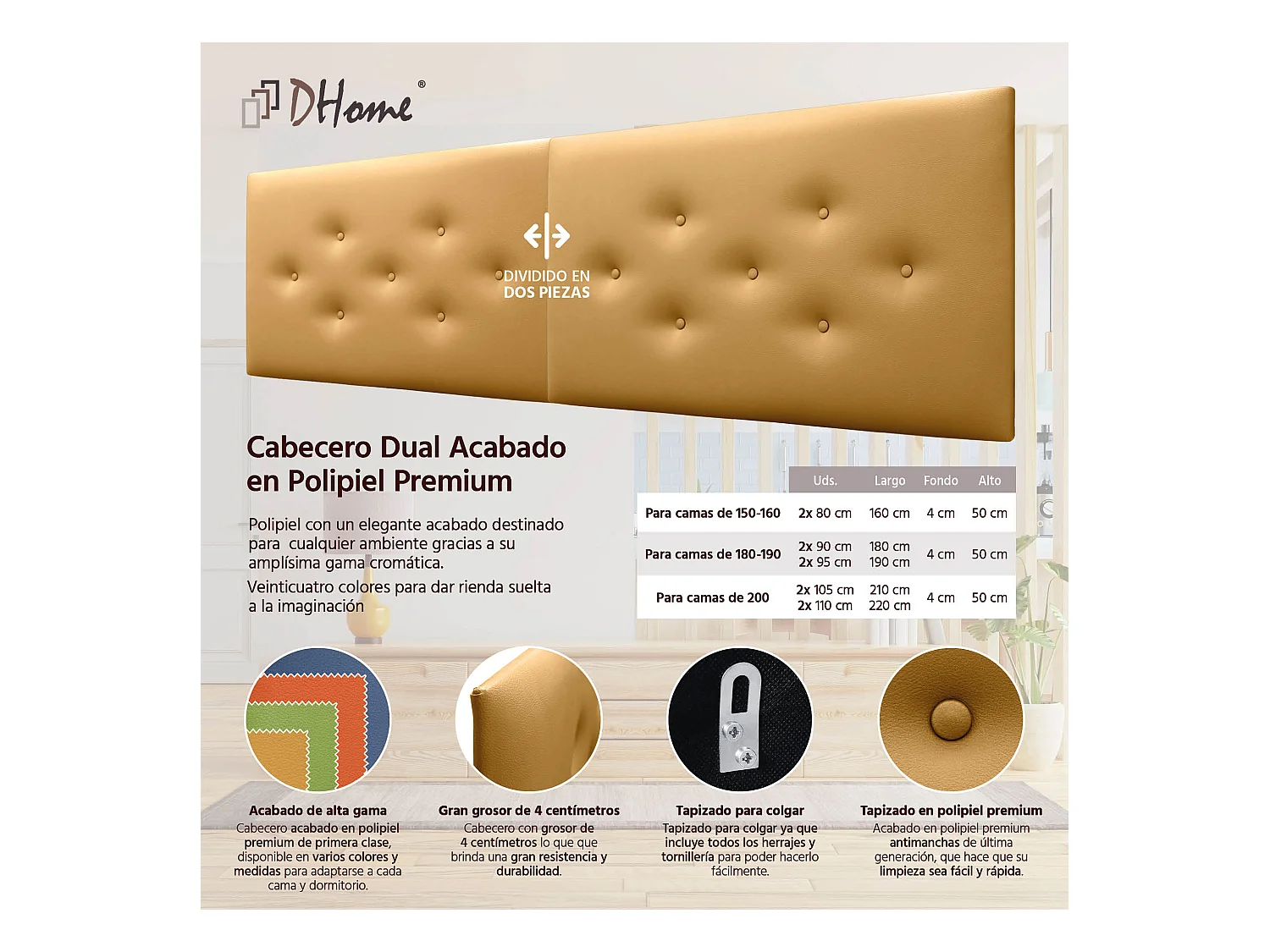 DHOME Hoofdbord van kunstleer met 3 verspringende rijen knopen, luxe gestoffeerd bedhoofdbord (Goud, 180cm (2-delig))