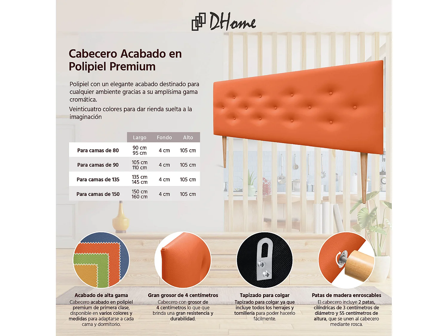 DHOME Tête de lit en simili cuir avec 3 rangées de boutons entrelacés Tête de lit rembourrée pour lit de luxe (Orange, 160cm)
