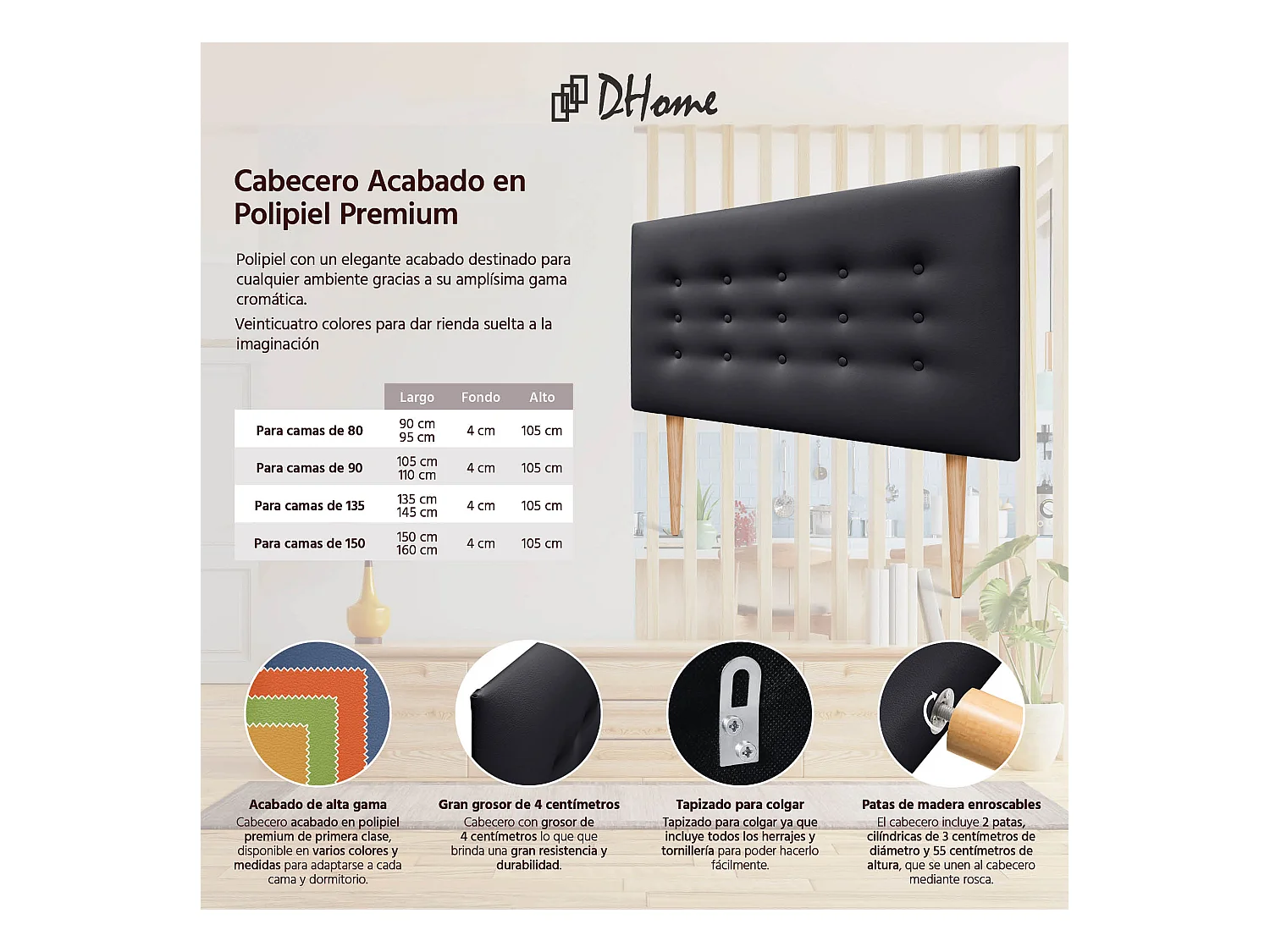 DHOME Tête de lit en simili cuir avec 3 rangées de boutons Tête de lit rembourrée pour lit de luxe (Noir, 110cm)