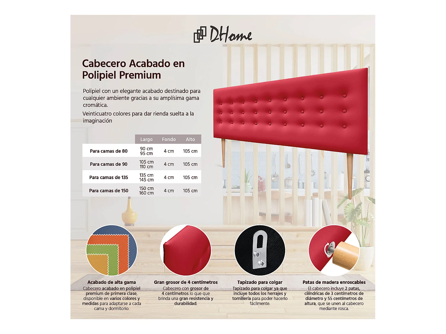 DHOME Testiera in ecopelle con 3 file di bottoni Testiera imbottita per letto di lusso (Rosso, 150cm)