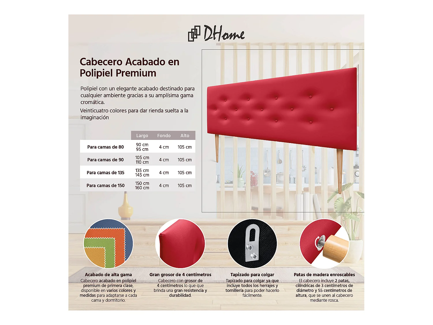 DHOME Tête de lit en simili cuir avec 3 rangées de boutons entrelacés Tête de lit rembourrée pour lit de luxe (Rouge, 160cm)