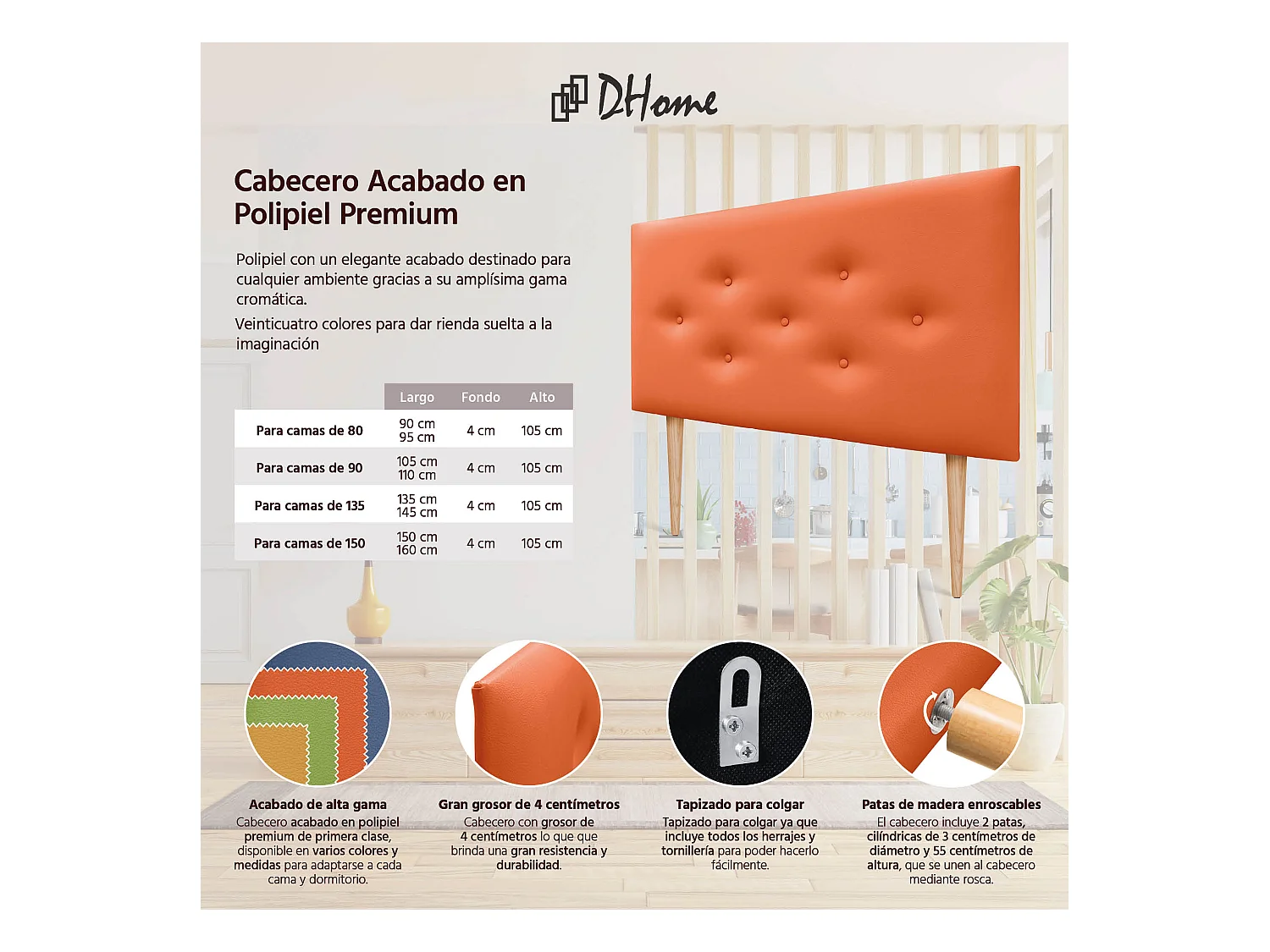 DHOME Tête de lit en simili cuir avec 3 rangées de boutons entrelacés Tête de lit rembourrée pour lit de luxe (Orange, 95cm)