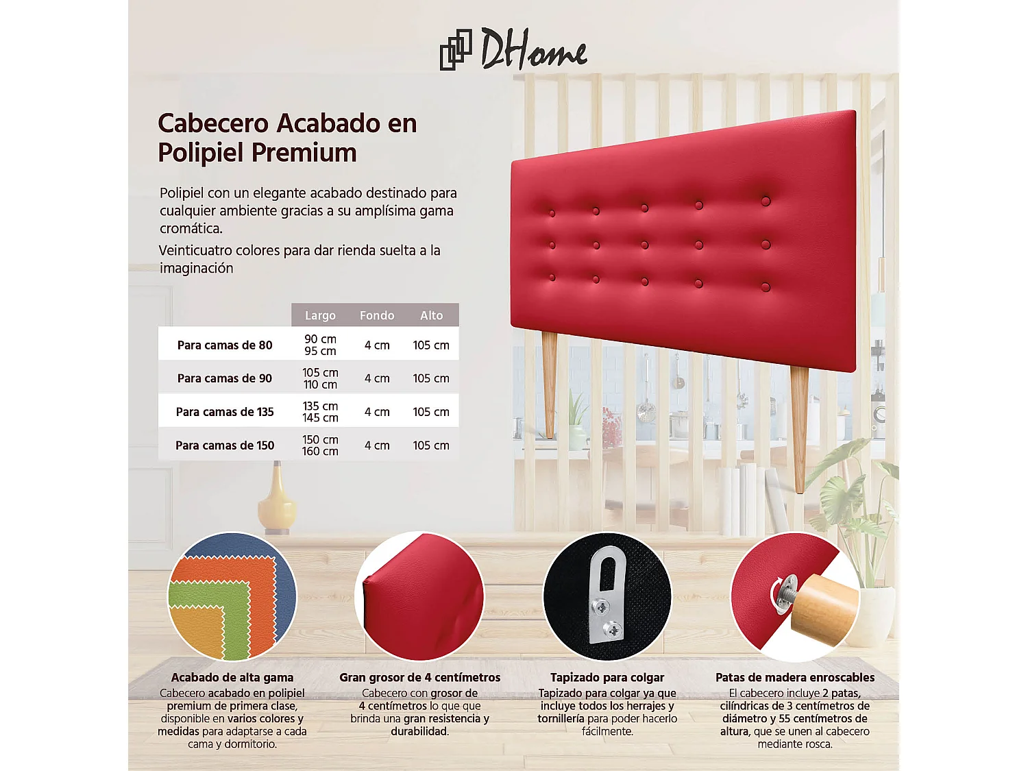 DHOME Testiera in ecopelle con 3 file di bottoni Testiera imbottita per letto di lusso (Rosso, 110cm)