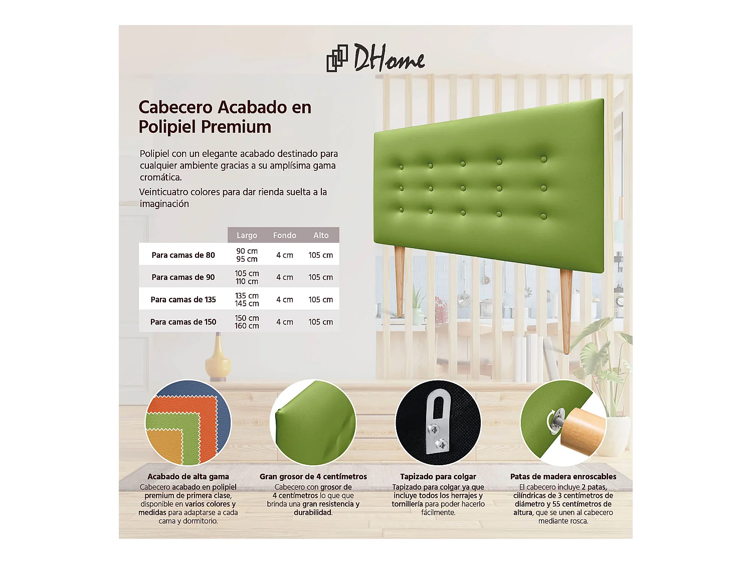 DHOME Testiera in ecopelle con 3 file di bottoni Testiera imbottita per letto di lusso (Verde, 95cm)