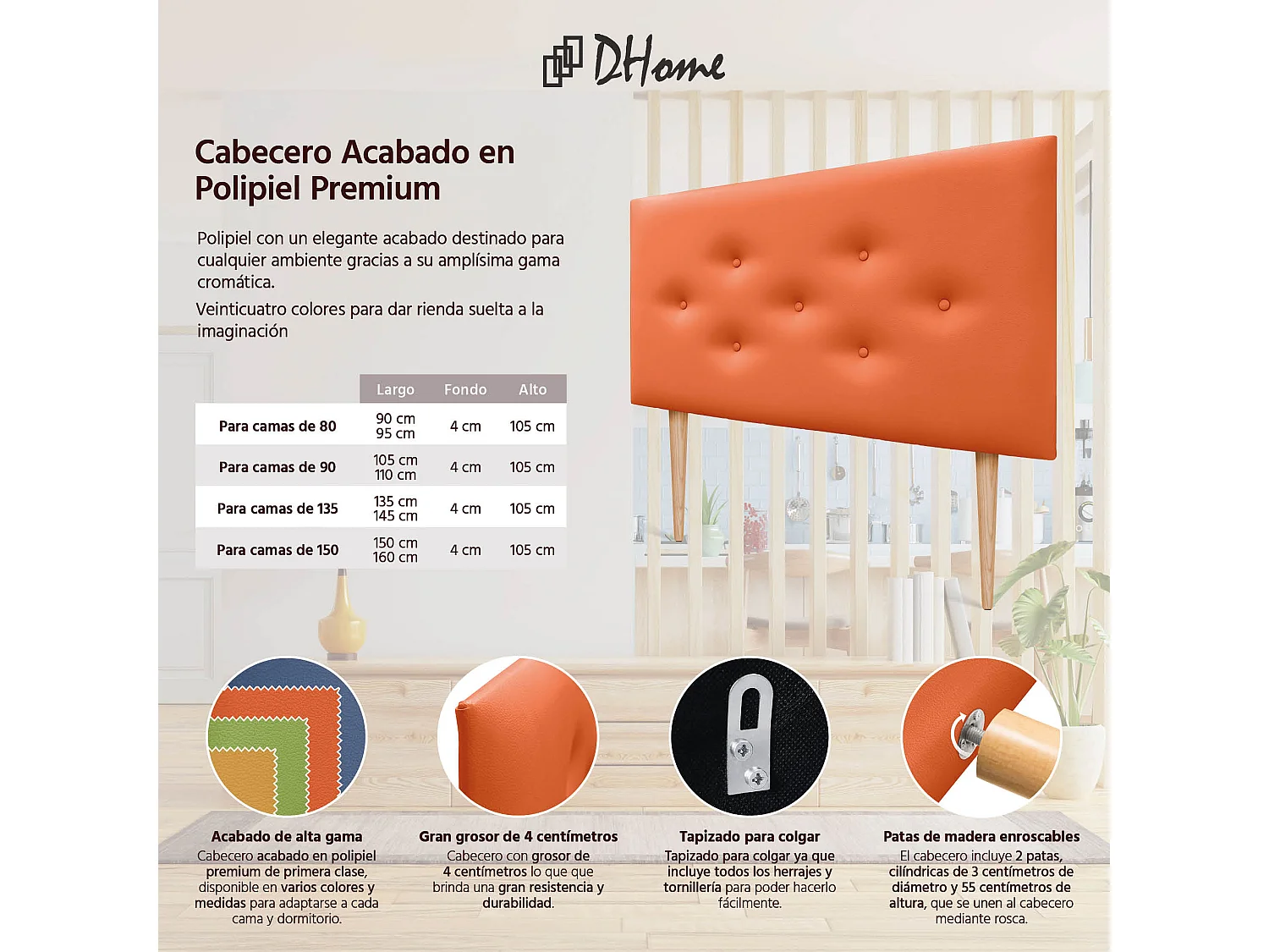 DHOME Kunstleder-Kopfteil mit 3 versetzten Knopfreihen und Füßen, luxuriöses gepolstertes Bettkopfteil (Orange, 110cm)