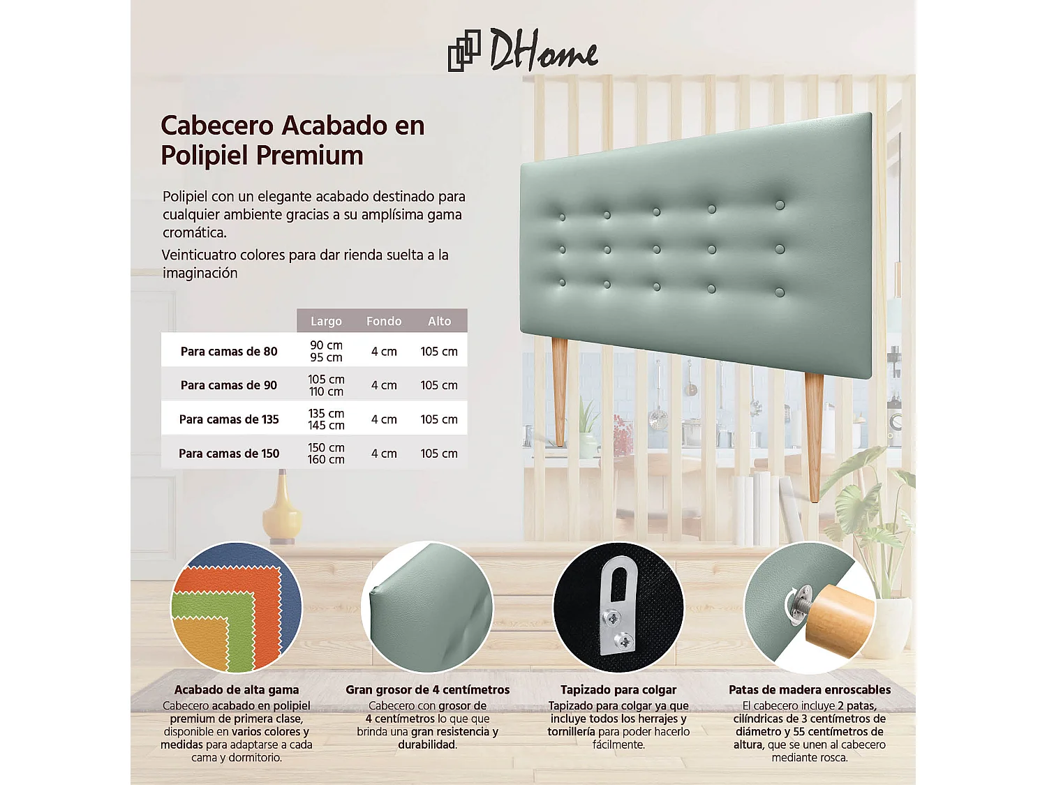 DHOME Tête de lit en simili cuir avec 3 rangées de boutons Tête de lit rembourrée pour lit de luxe (Vert, 90cm)