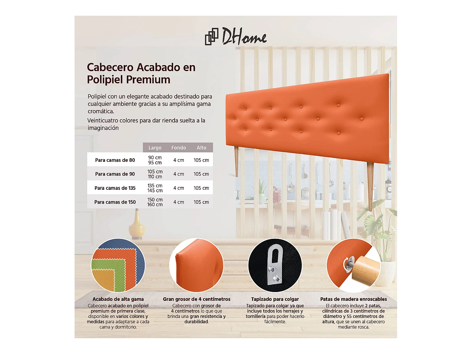 DHOME Tête de lit en simili cuir avec 3 rangées de boutons entrelacés Tête de lit rembourrée pour lit de luxe (Orange, 145cm)