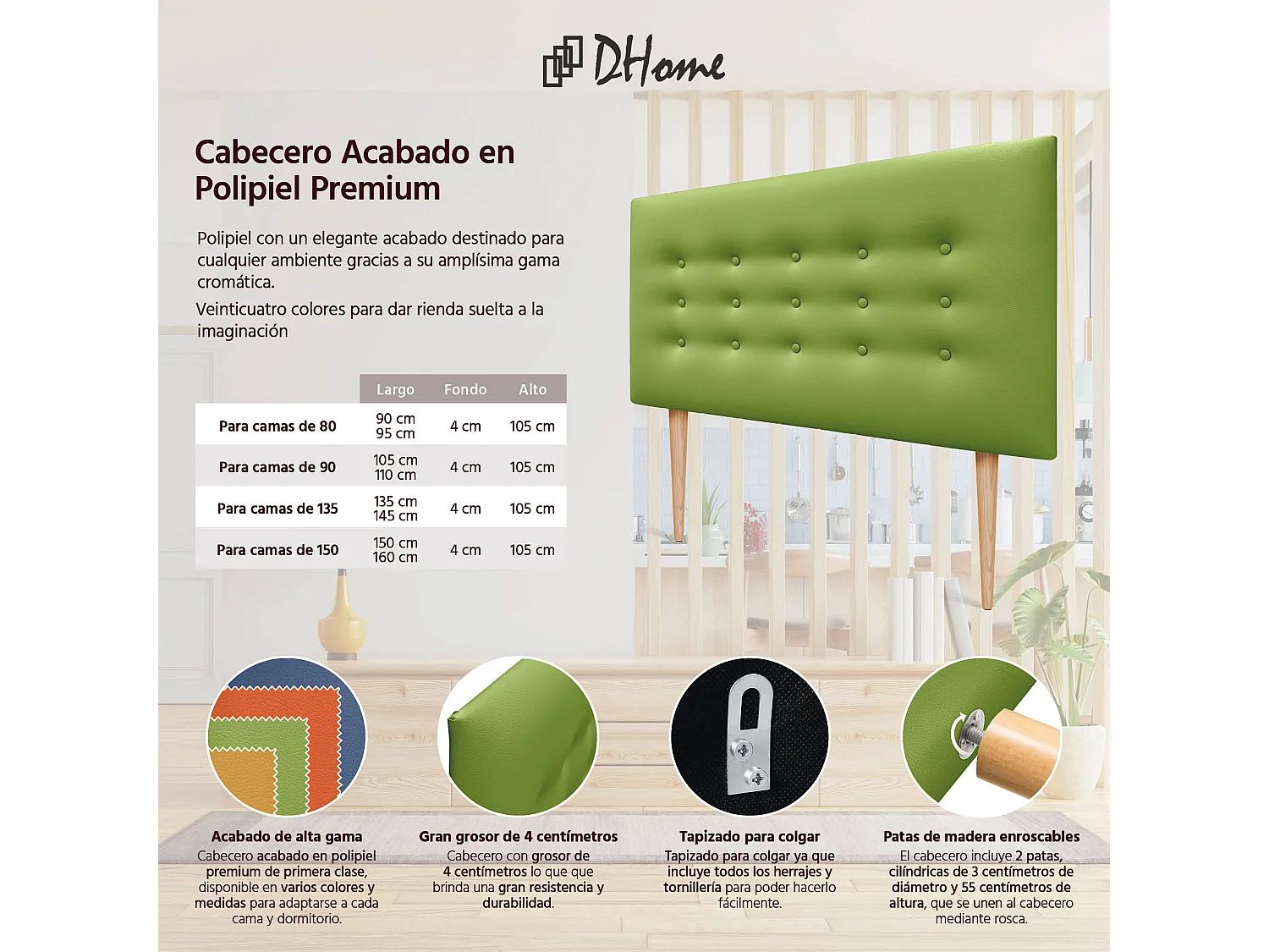 DHOME Testiera in ecopelle con 3 file di bottoni Testiera imbottita per letto di lusso (Verde, 105cm)