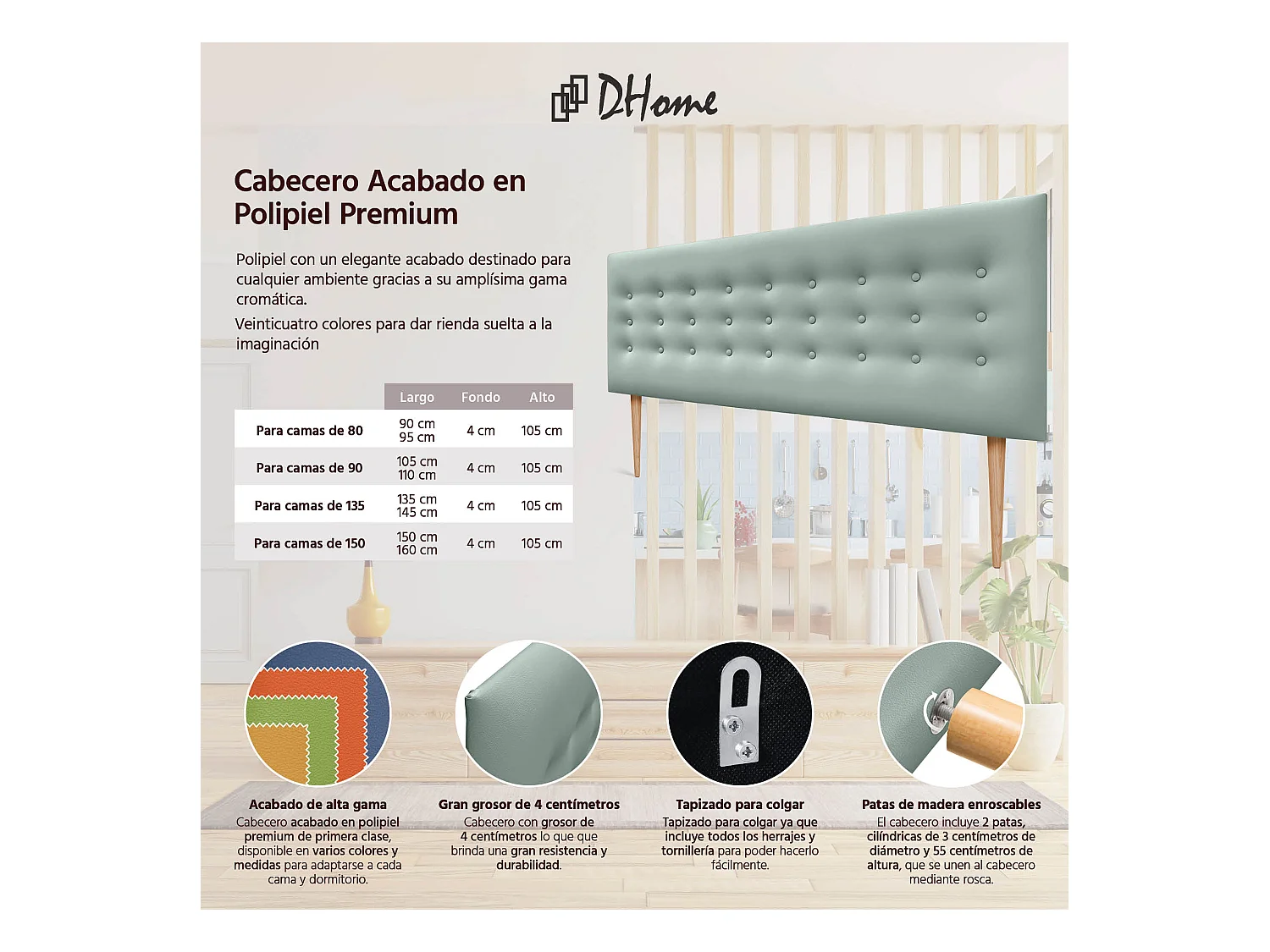 DHOME Tête de lit en simili cuir avec 3 rangées de boutons Tête de lit rembourrée pour lit de luxe (Vert, 160cm)