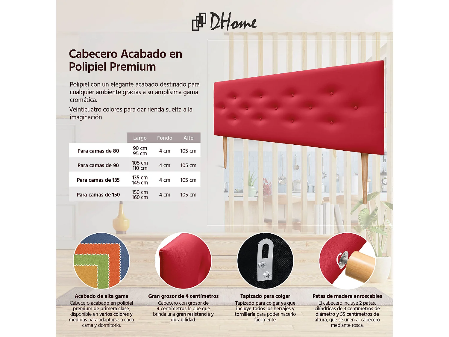 DHOME Tête de lit en simili cuir avec 3 rangées de boutons entrelacés Tête de lit rembourrée pour lit de luxe (Rouge, 150cm)