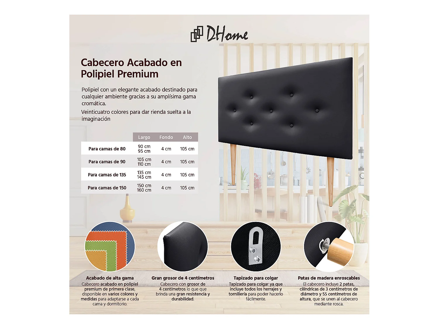 DHOME Tête de lit en simili cuir avec 3 rangées de boutons entrelacés Tête de lit rembourrée pour lit de luxe (Noir, 110cm)