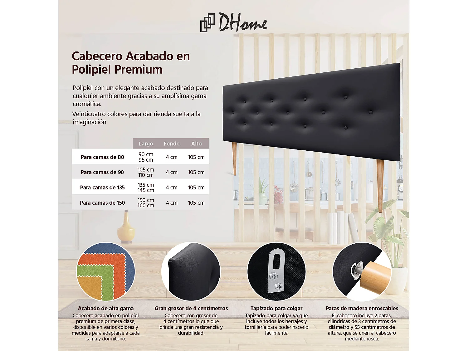 DHOME Tête de lit en simili cuir avec 3 rangées de boutons entrelacés Tête de lit rembourrée pour lit de luxe (Noir, 150cm)