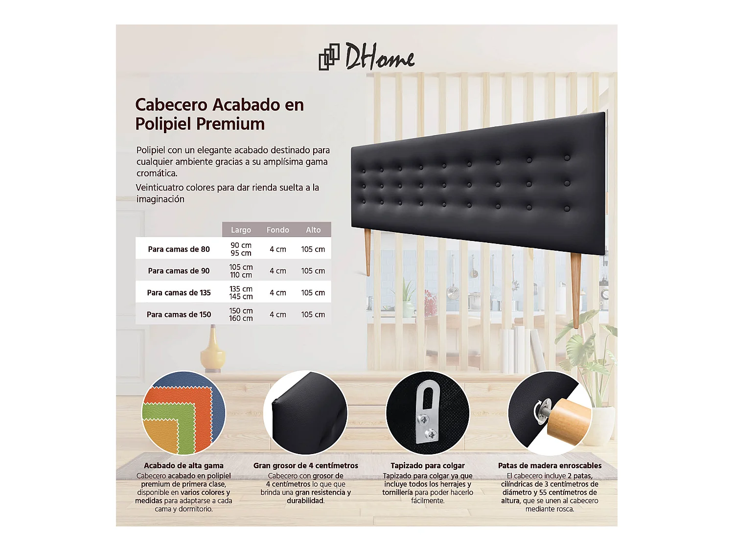 DHOME Tête de lit en simili cuir avec 3 rangées de boutons Tête de lit rembourrée pour lit de luxe (Noir, 150cm)