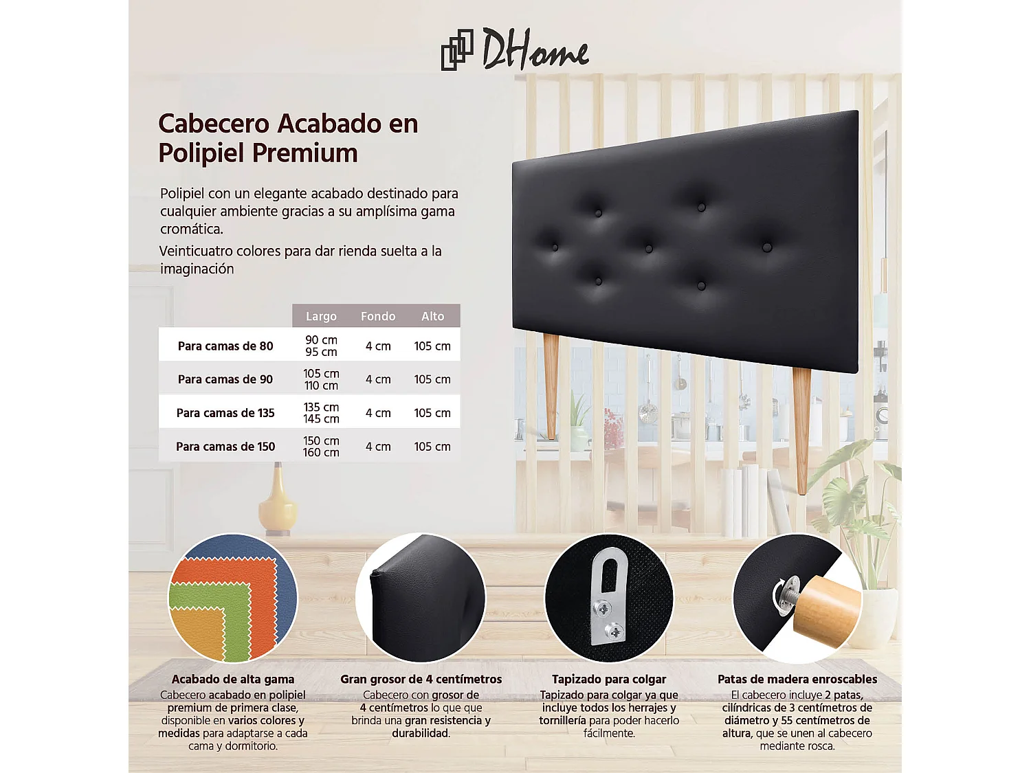 DHOME Tête de lit en simili cuir avec 3 rangées de boutons entrelacés Tête de lit rembourrée pour lit de luxe (Noir, 95cm)