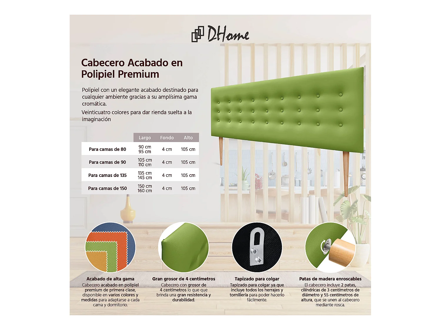 DHOME Tête de lit en simili cuir avec 3 rangées de boutons Tête de lit rembourrée pour lit de luxe (Vert, 150cm)