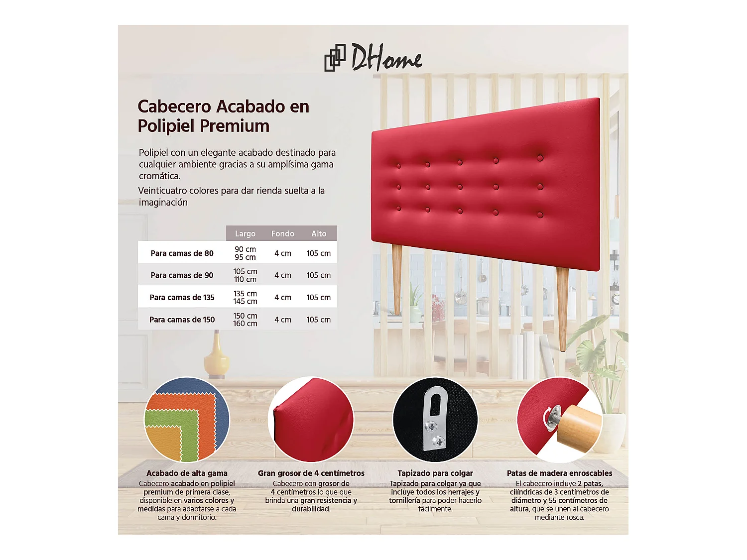DHOME Testiera in ecopelle con 3 file di bottoni Testiera imbottita per letto di lusso (Rosso, 95cm)