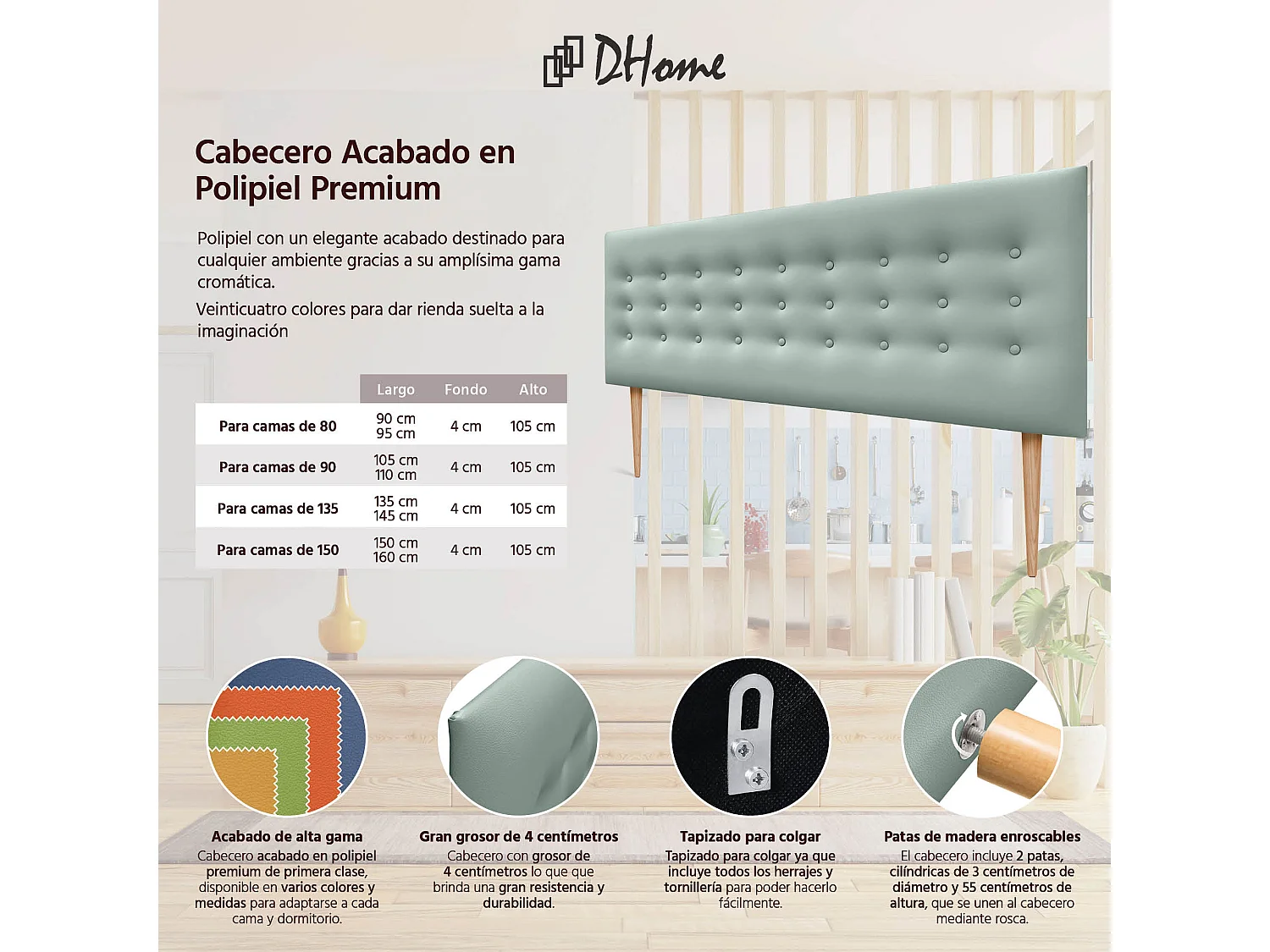 DHOME Tête de lit en simili cuir avec 3 rangées de boutons Tête de lit rembourrée pour lit de luxe (Vert, 145cm)