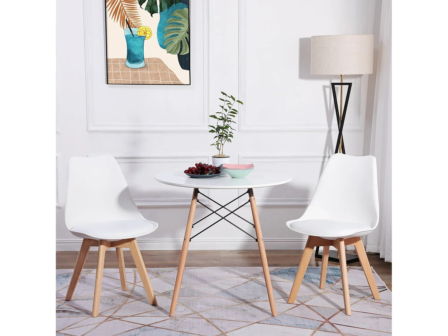 2 pièce chaise de cuisine salle à manger design scandinave assise rembourrée pieds en bois de hêtre massif - blanc