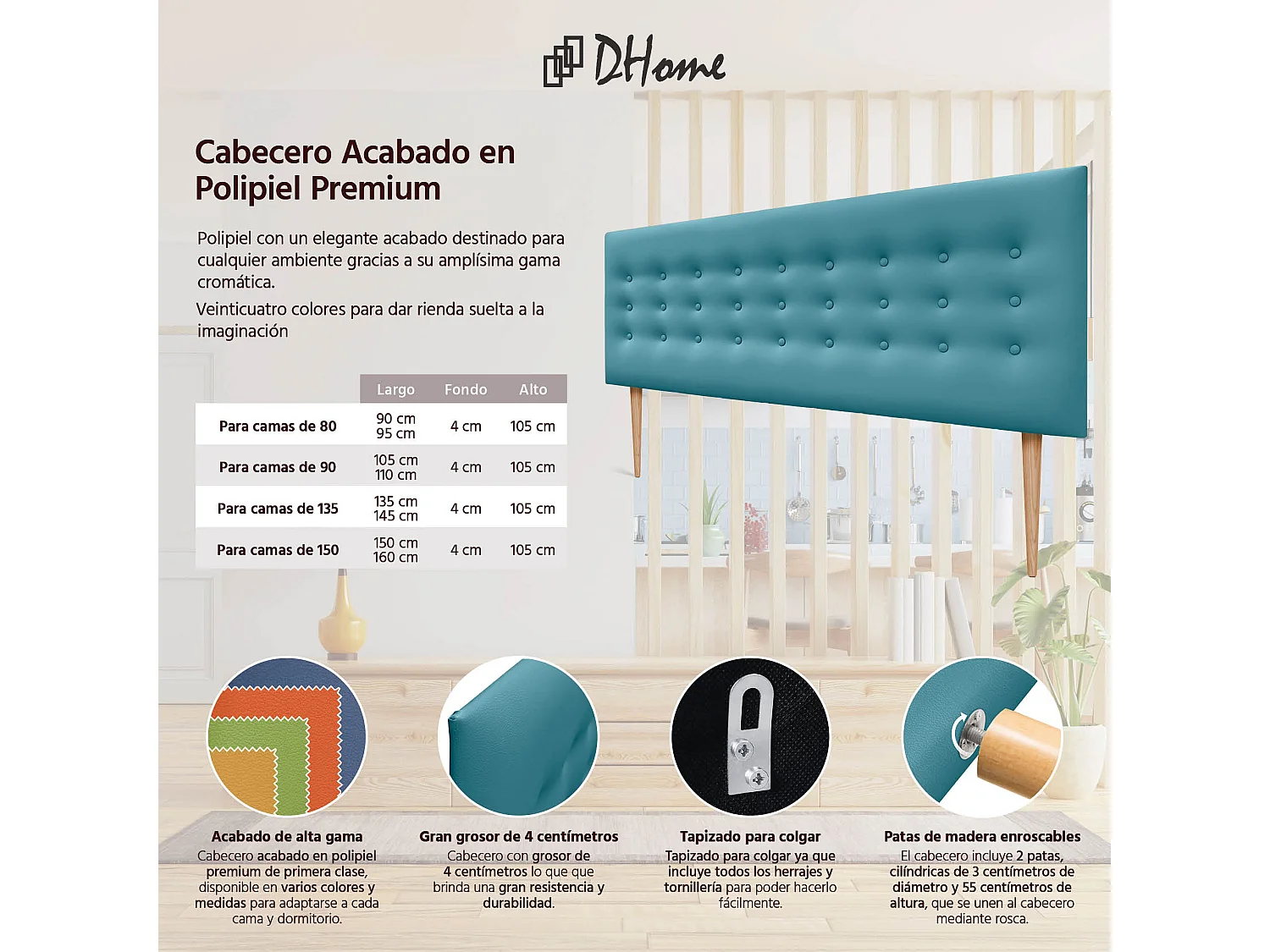 DHOME Testiera in ecopelle con 3 file di bottoni Testiera imbottita per letto di lusso (Turchese, 150cm)