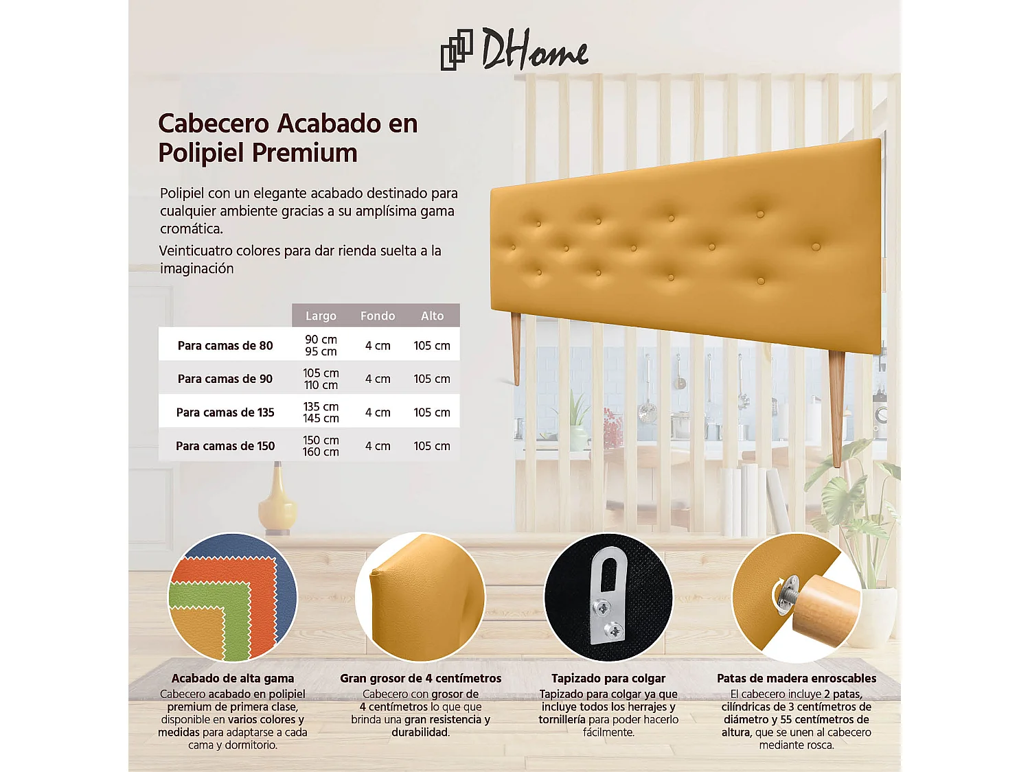 DHOME Tête de lit en simili cuir avec 3 rangées de boutons entrelacés Tête de lit rembourrée pour lit de luxe (Moutarde, 135cm)