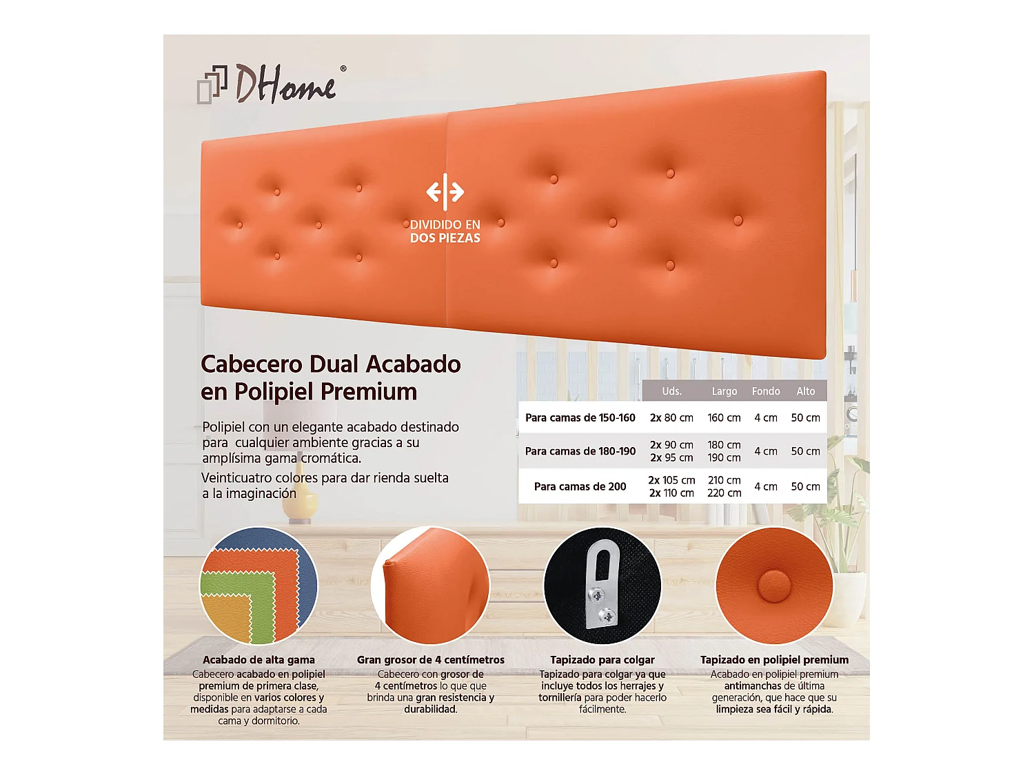 DHOME Hoofdbord van kunstleer met 3 verspringende rijen knopen, luxe gestoffeerd bedhoofdbord (Oranje, 190cm (2-delig))